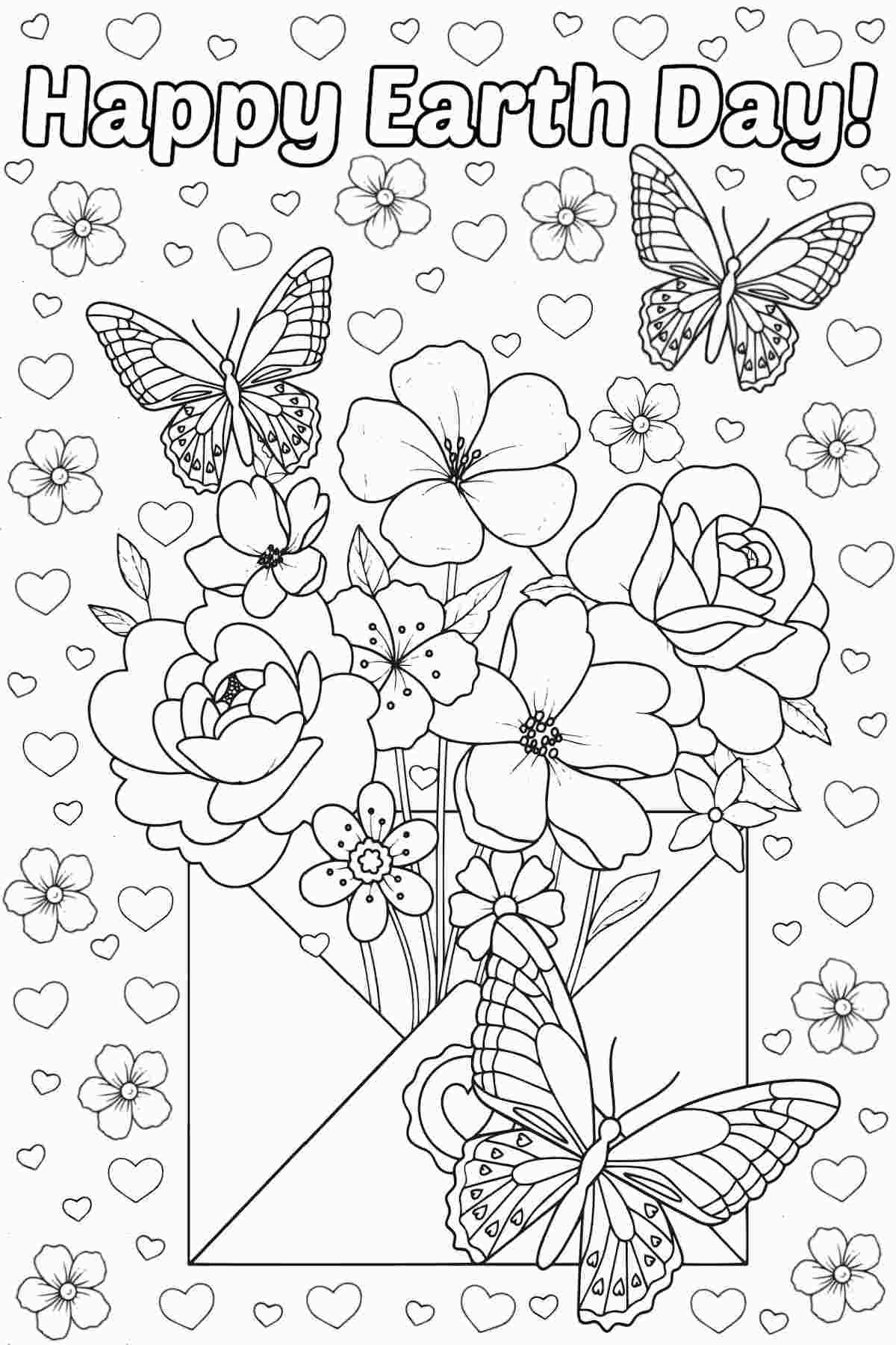 Get Free Flower Coloring Pages for Earth Day A free flower coloring pages printable for Earth Day with an open envelope with flowers and butterflies coming out of it, with words at the top that say Happy Earth Day.