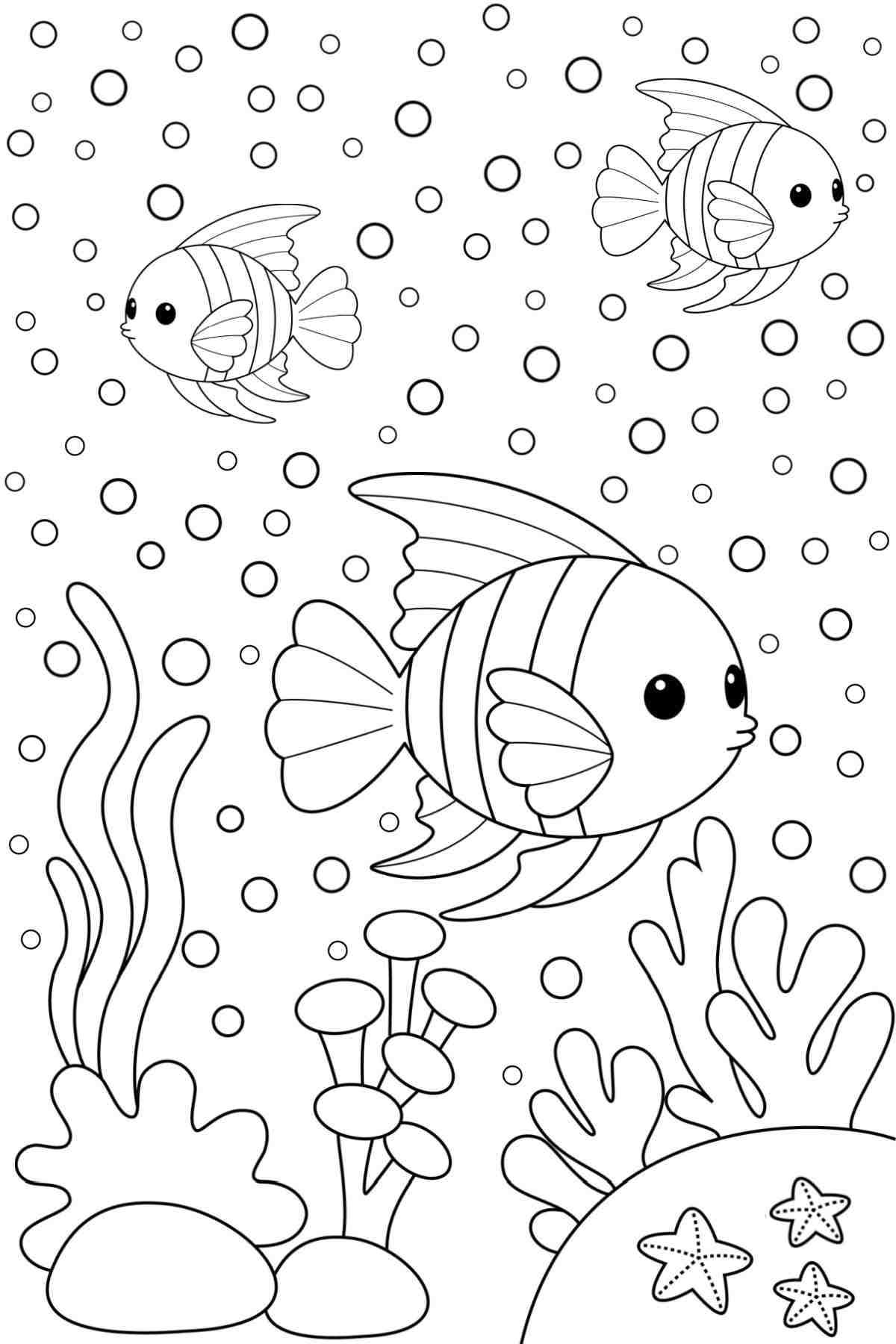 Get Free Printable Ocean Coloring Pages for Earth Day A free ocean coloring sheets image for Earth Day featuring two rainbow fish swimming deep under water, near the seaweed at the bottom of the ocean.