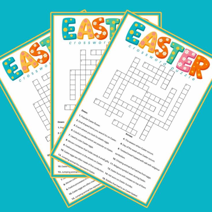 Three free Easter crosswords fanned out on top of each other on a teal background.