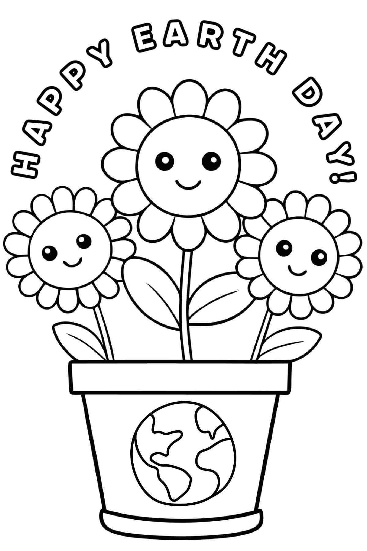 Get Free Printable Flower Coloring Sheets for Earth Day A free printable flower coloring pages image for Earth Day with a pot holding three flowers with an earth on it, and the words Happy Earth Day above it.