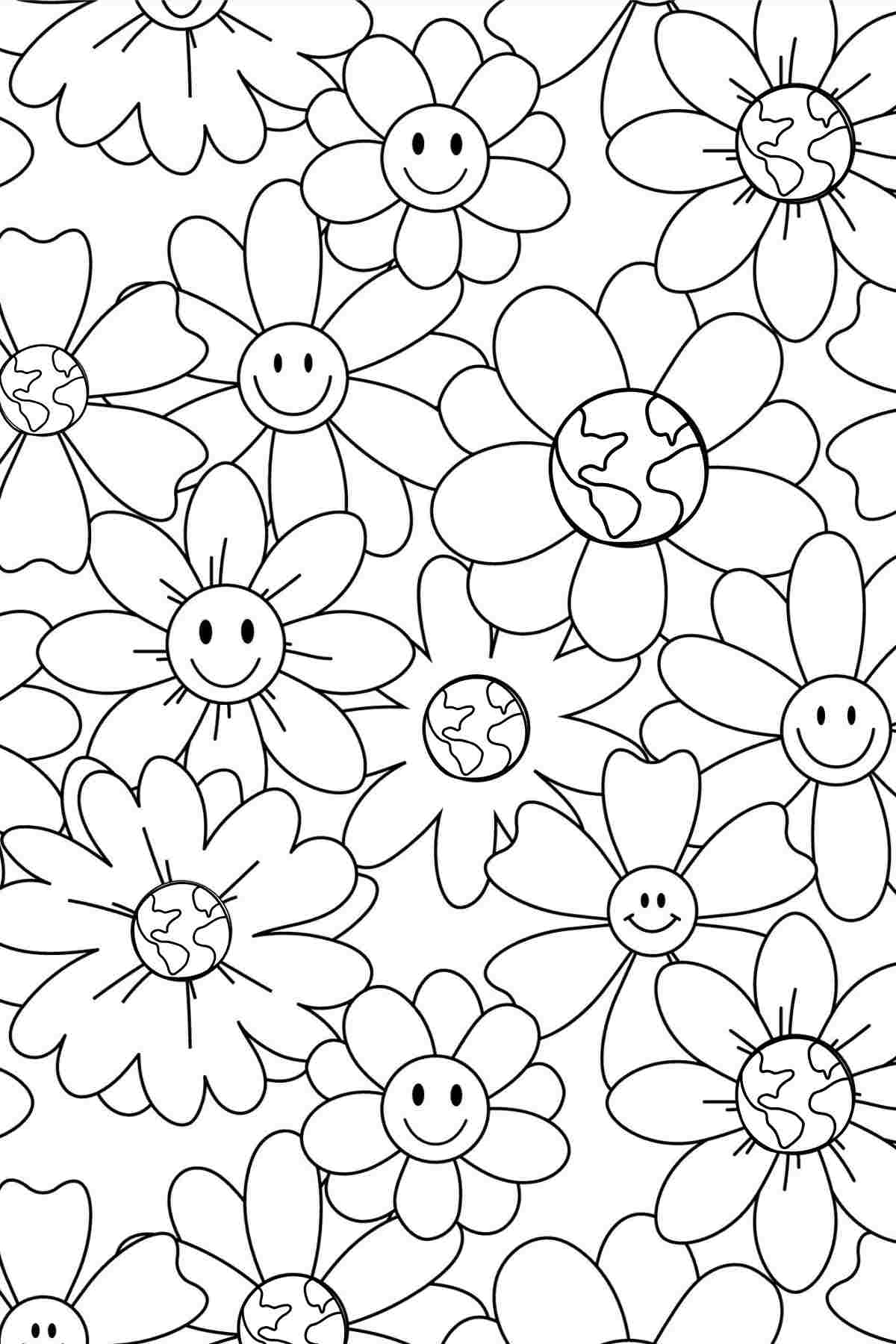 Get Free Printable Flower Coloring Pages for Earth Day A free printable flower coloring sheets image for Earth Day with flowers completely filling the image, in the center of some of them there are smiling faces, and in the center of the other ones there are tiny earths.