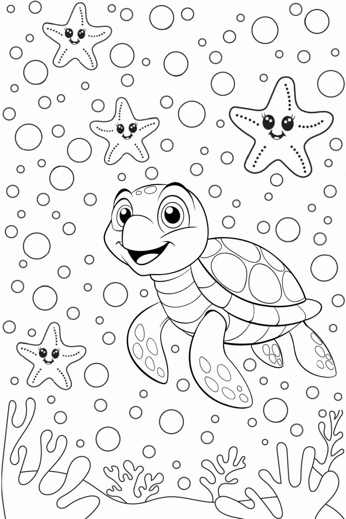 Get a Free Ocean Coloring Pages Printable for Earth Day A free printable ocean coloring pages image for Earth Day, featuring a turtle swimming in bubbles, with four starfish around him.