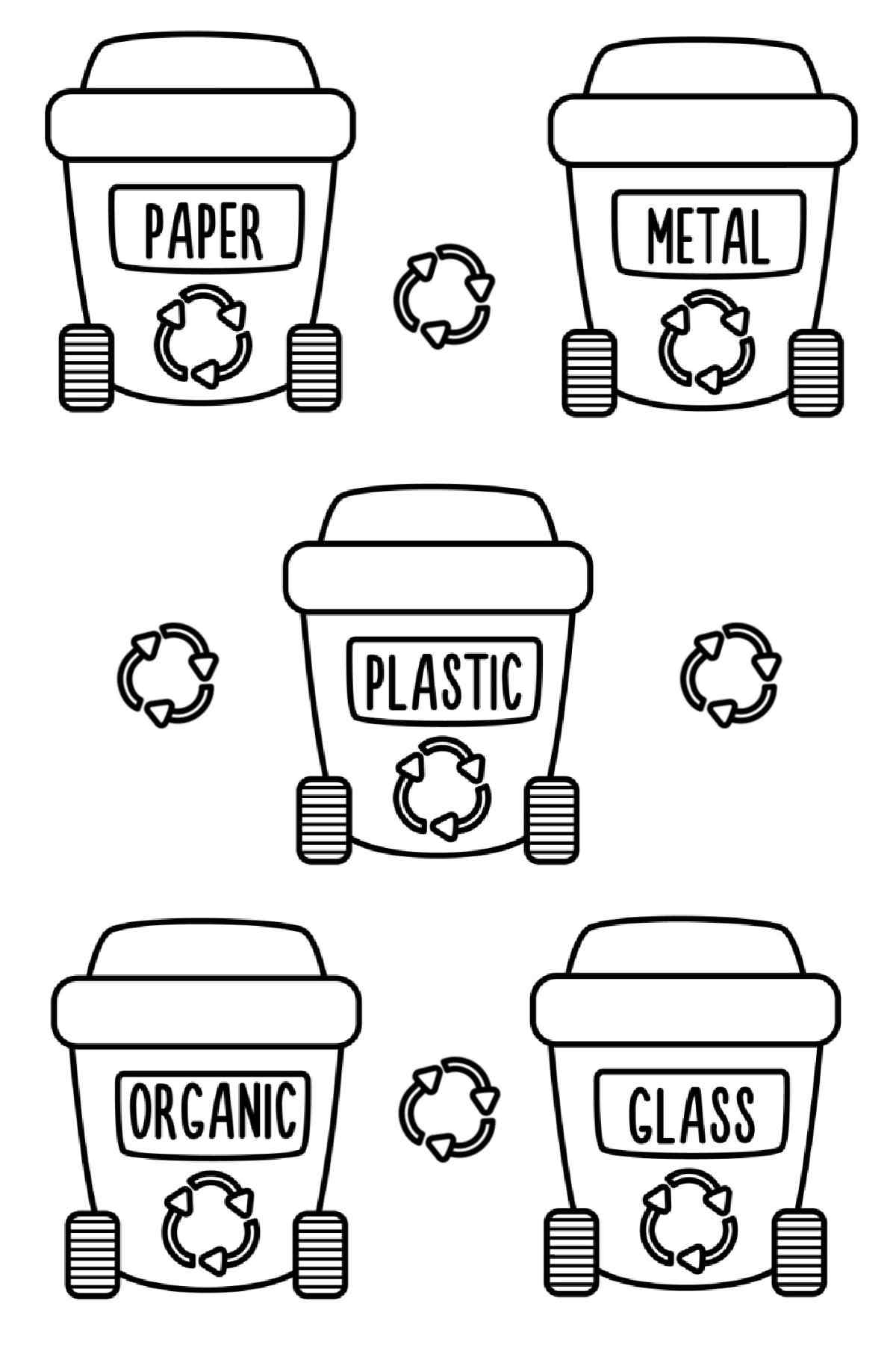 Get Free Printable Recycling Coloring Pages For Earth Day A free recycling coloring pages printable with five different bins, each labeled with a different material type including paper, metal, plastic, organic and glass.
