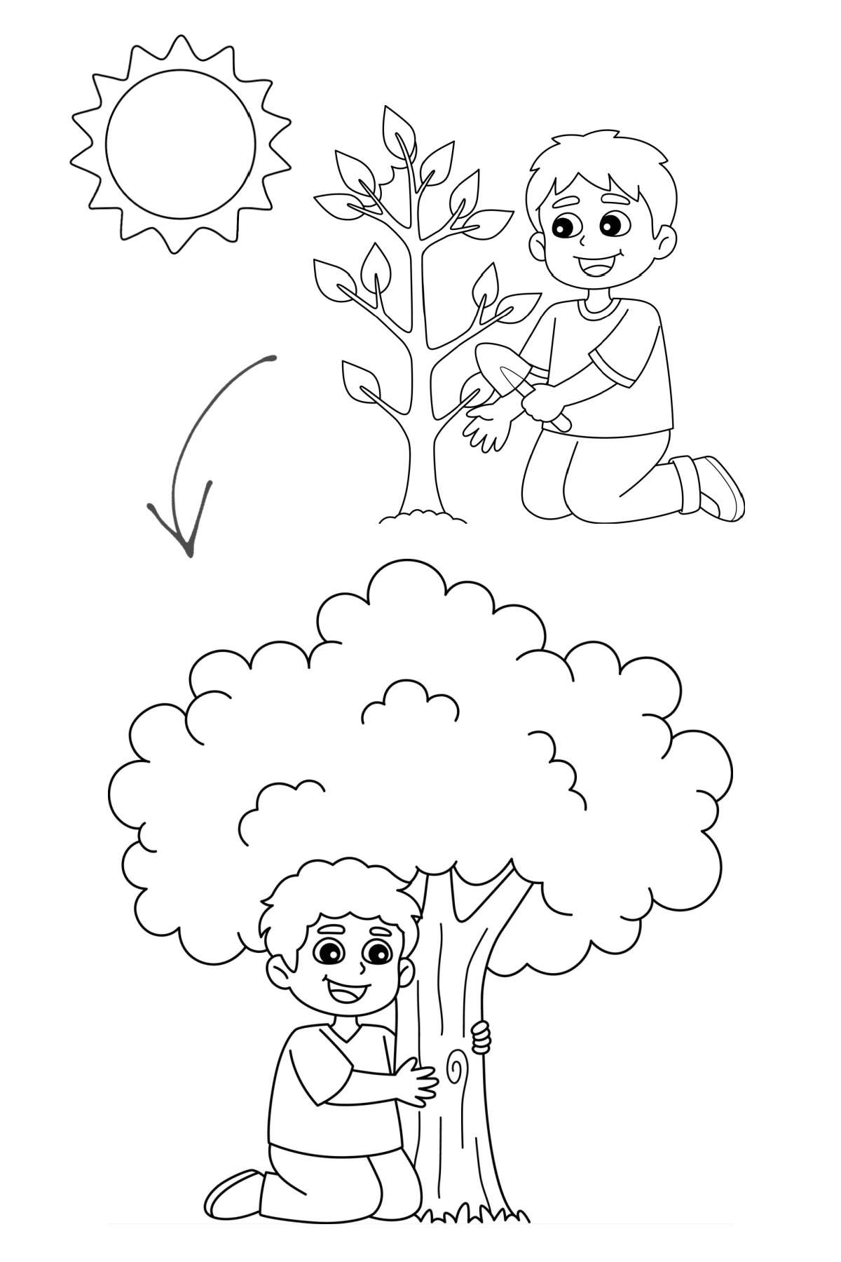 Get a Free Tree Coloring Sheet for Earth Day A free tree coloring sheet for Earth Day showing a boy planting a sapling in the sunlight, and then showing him years later next to a fully grown tree.