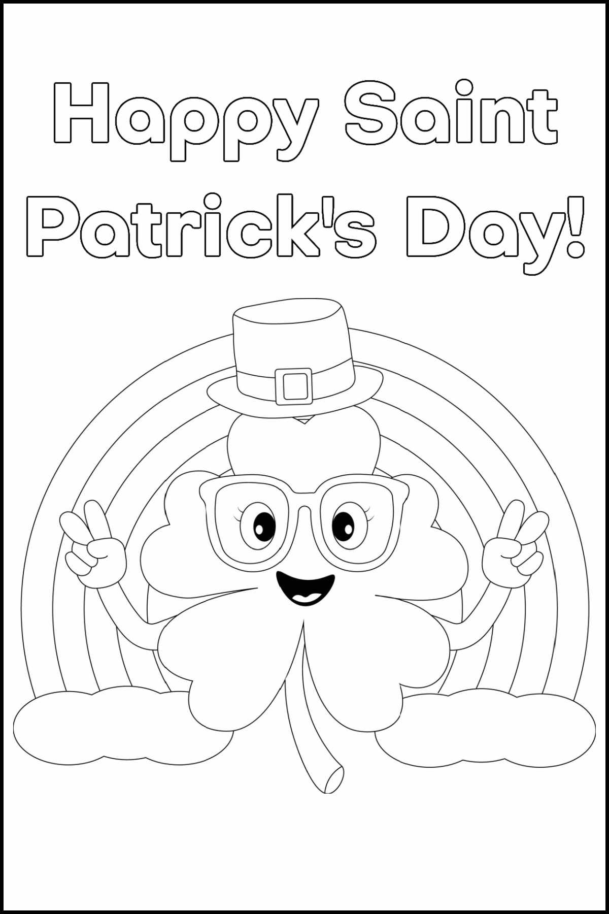 Get Free Shamrock Coloring Pages for St. Patrick's Day! A shamrock coloring pages for St. Patrick's Day, with a smiling shamrock in the center of a rainbow in the clouds.