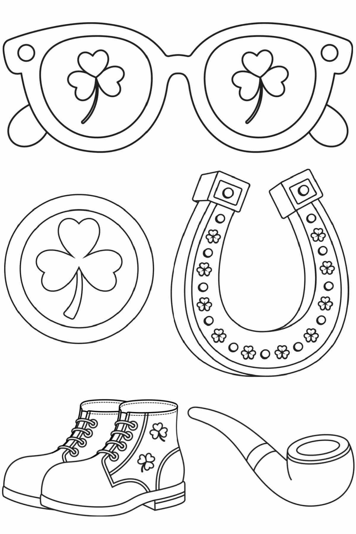 Get 17 Free St. Patrick's Coloring Sheets A Saint Patrick's coloring sheets printable that has sunglasses with shamrocks on them at the top, a coin with a shamrock on it, a lucky horseshoe, boots with tiny shamrocks on them and a pipe.