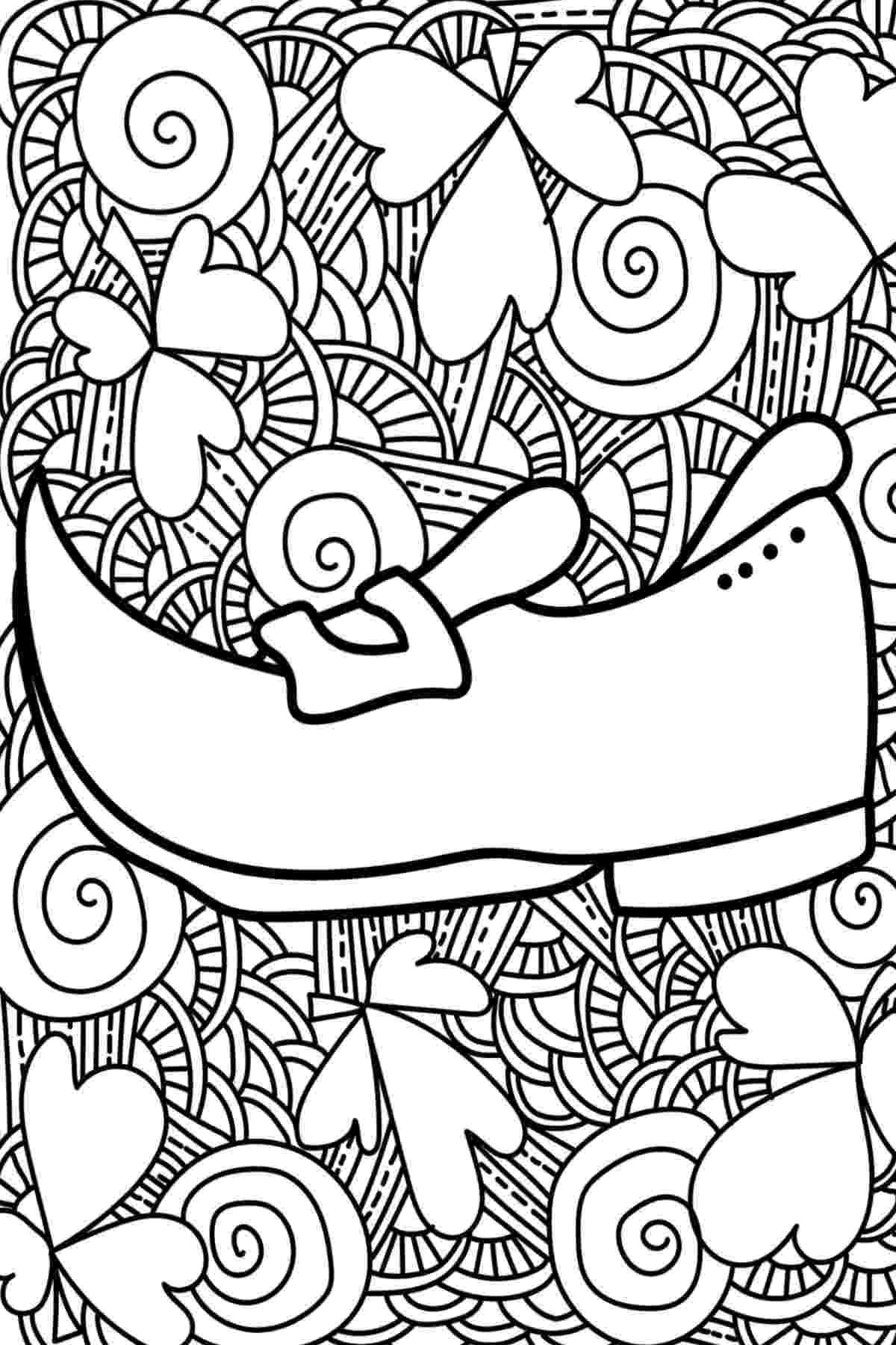 Get Leprechaun Coloring Pages for St. Patrick's Day A Leprechaun coloring pages printable featuring a leprechaun shoe on top of an intricate design with shamrocks, fine lines and spirals.
