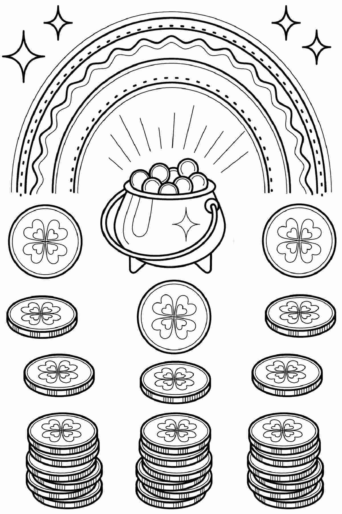 Get Free Pots of Gold Coloring Pages A pot of gold coloring sheet for St. Patrick's Day which has coins falling into stacks, near a pot of gold under a rainbow with stars above it.
