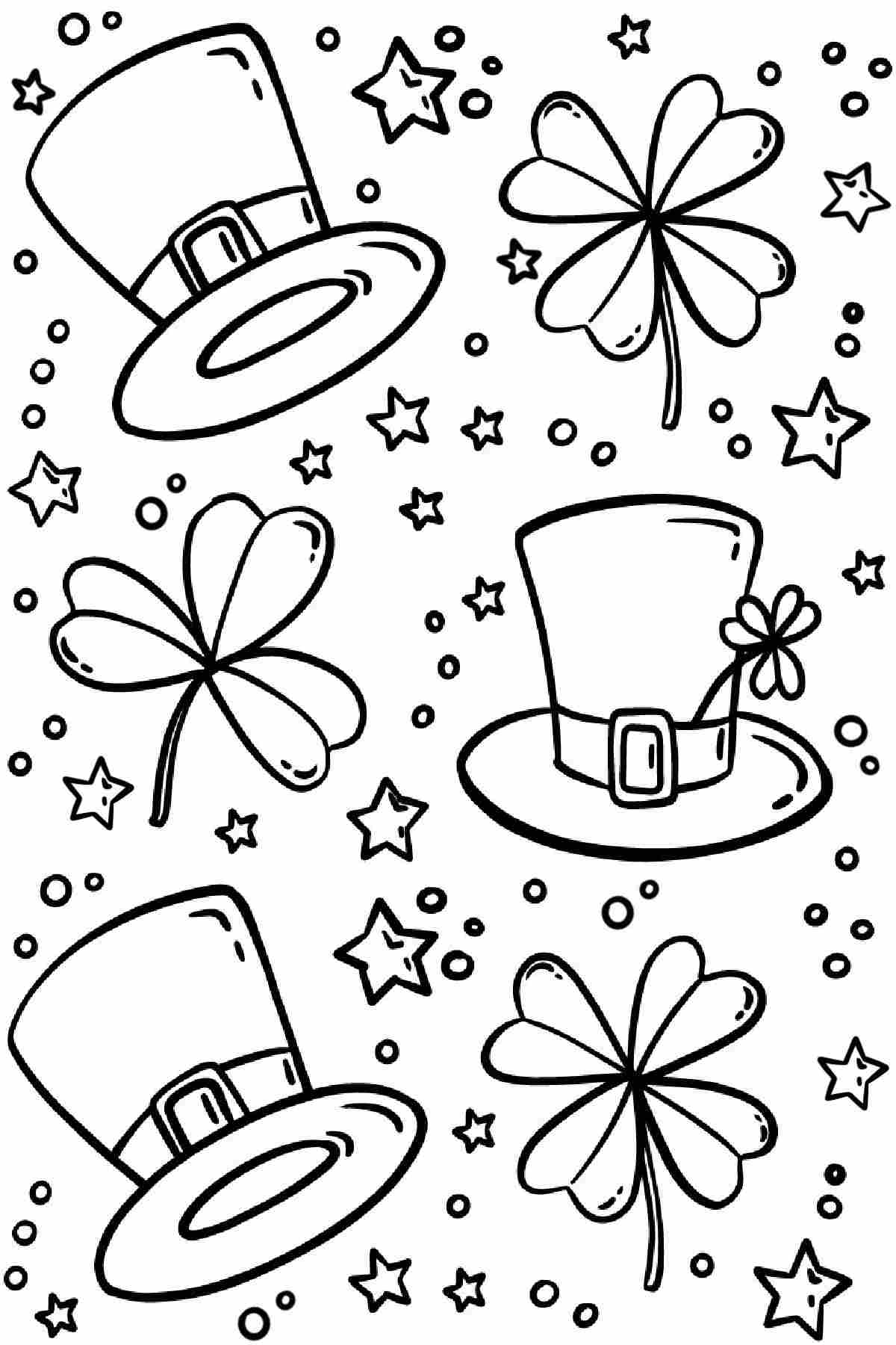 Get 17 Free Saint Patrick's Day Coloring Pages A St. Patrick's Day coloring pages free printable that has three leprechaun hats, a shamrock, two four leaf clovers and lots of tiny stars.