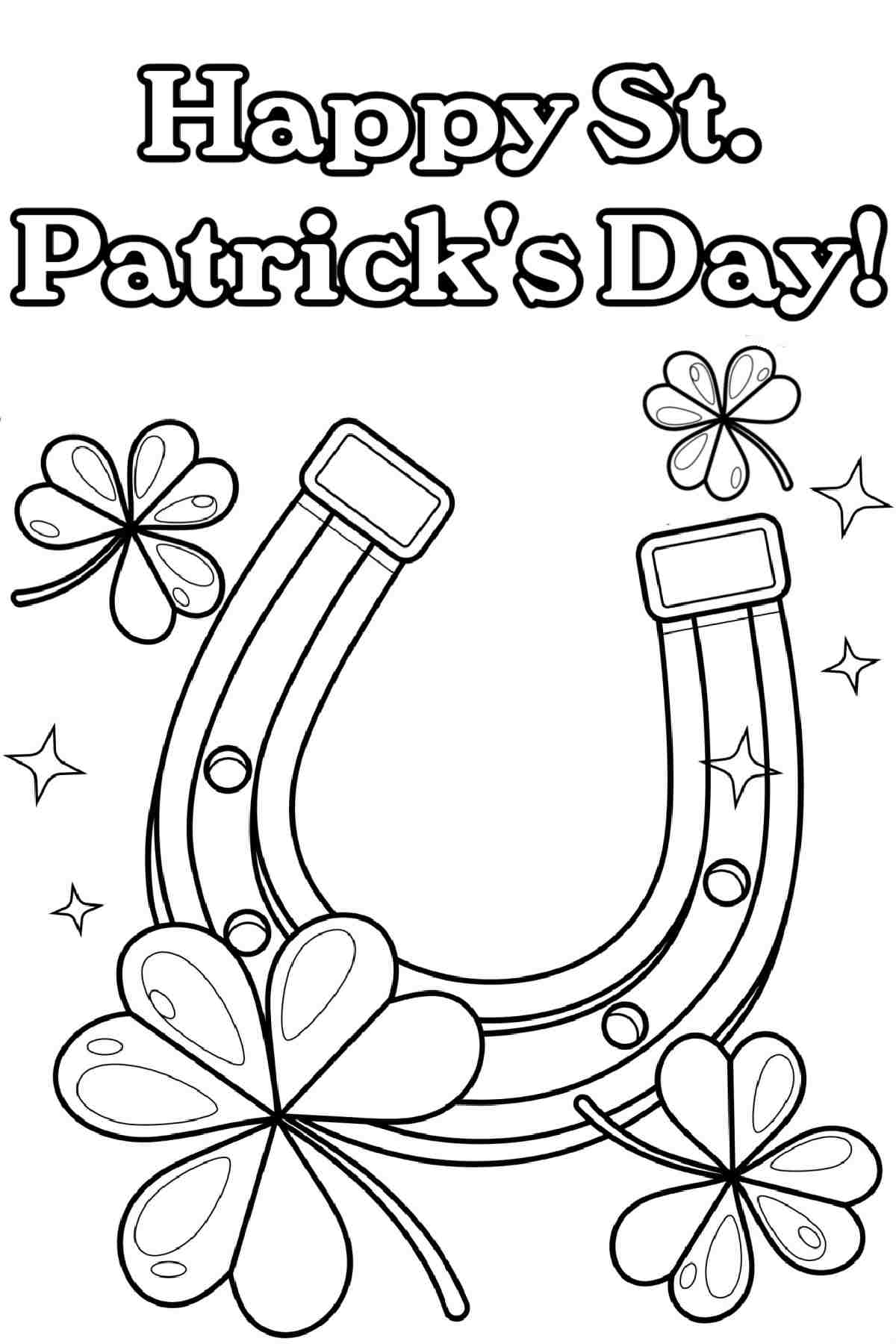 Get 17 Free Printable St. Patrick's Day Coloring Pages A happy St. Patrick's Day coloring pages printable with a lucky horseshoe surrounded by shamrocks and a text overlay above it that says Happy St. Patrick's Day.