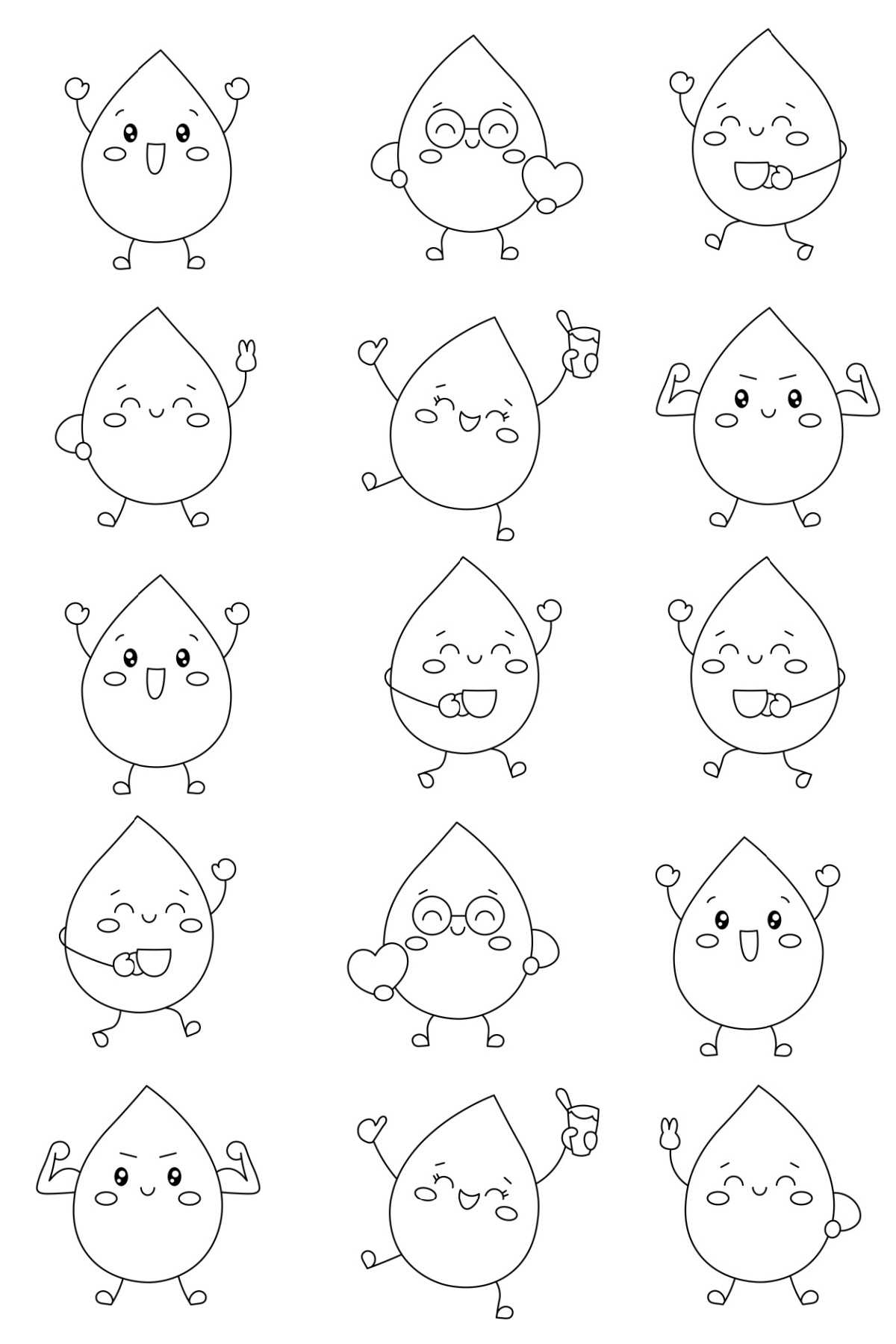 Get a Free Printable Water Coloring Pages Image For Earth Day A free printable water coloring pages image with fifteen happy water droplets doing various activities.