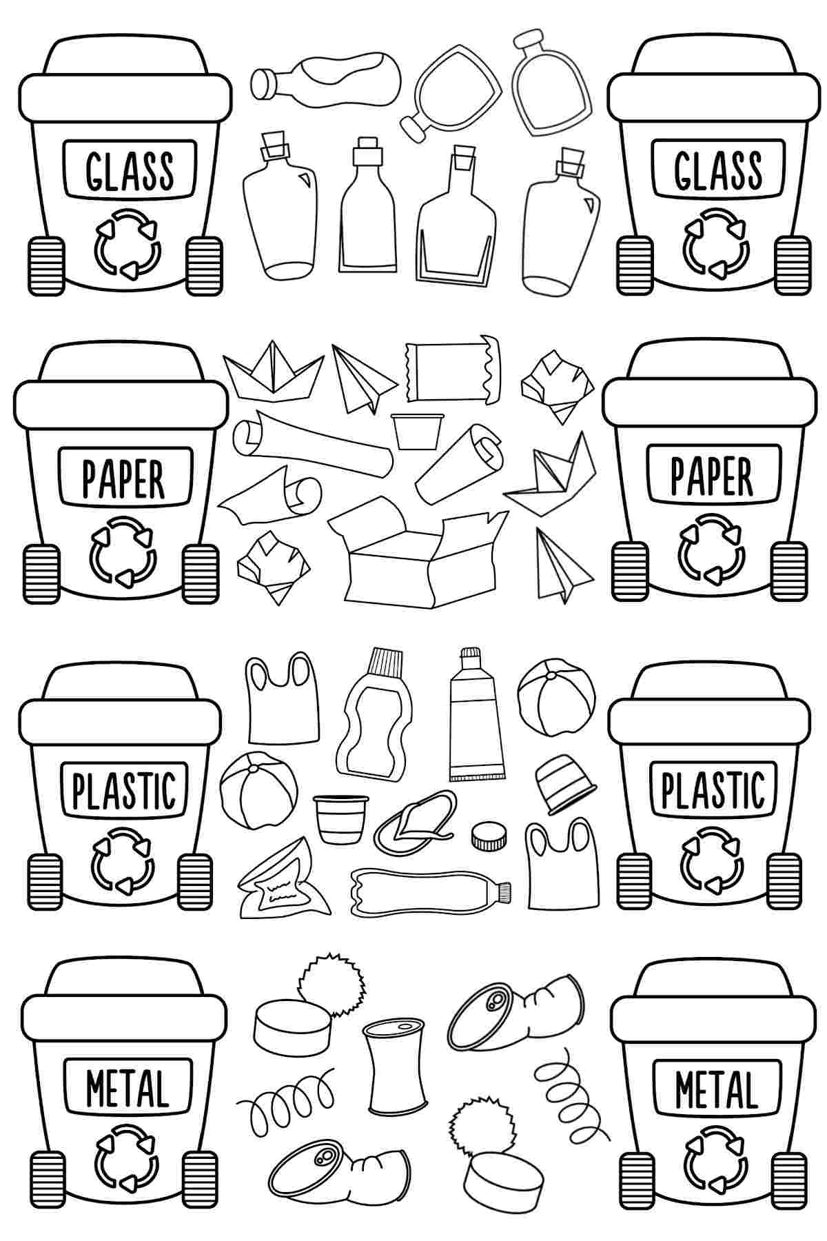 Get Free Recycle Coloring Pages for Earth Day A recycle coloring pages printable, with different types of trash next to their respective recycling bins, including paper, plastic, metal and glass items.