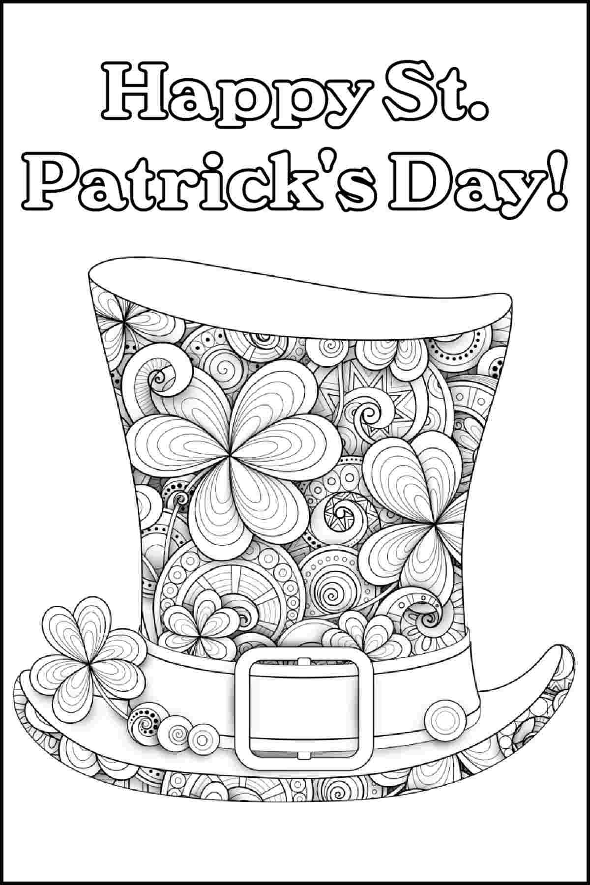 Get Free St. Patrick's Coloring Pages A Saint Patrick's Day coloring sheets printable featuring a shamrock hat with a buckle on it under a text overlay that says Happy St. Patrick's Day.
