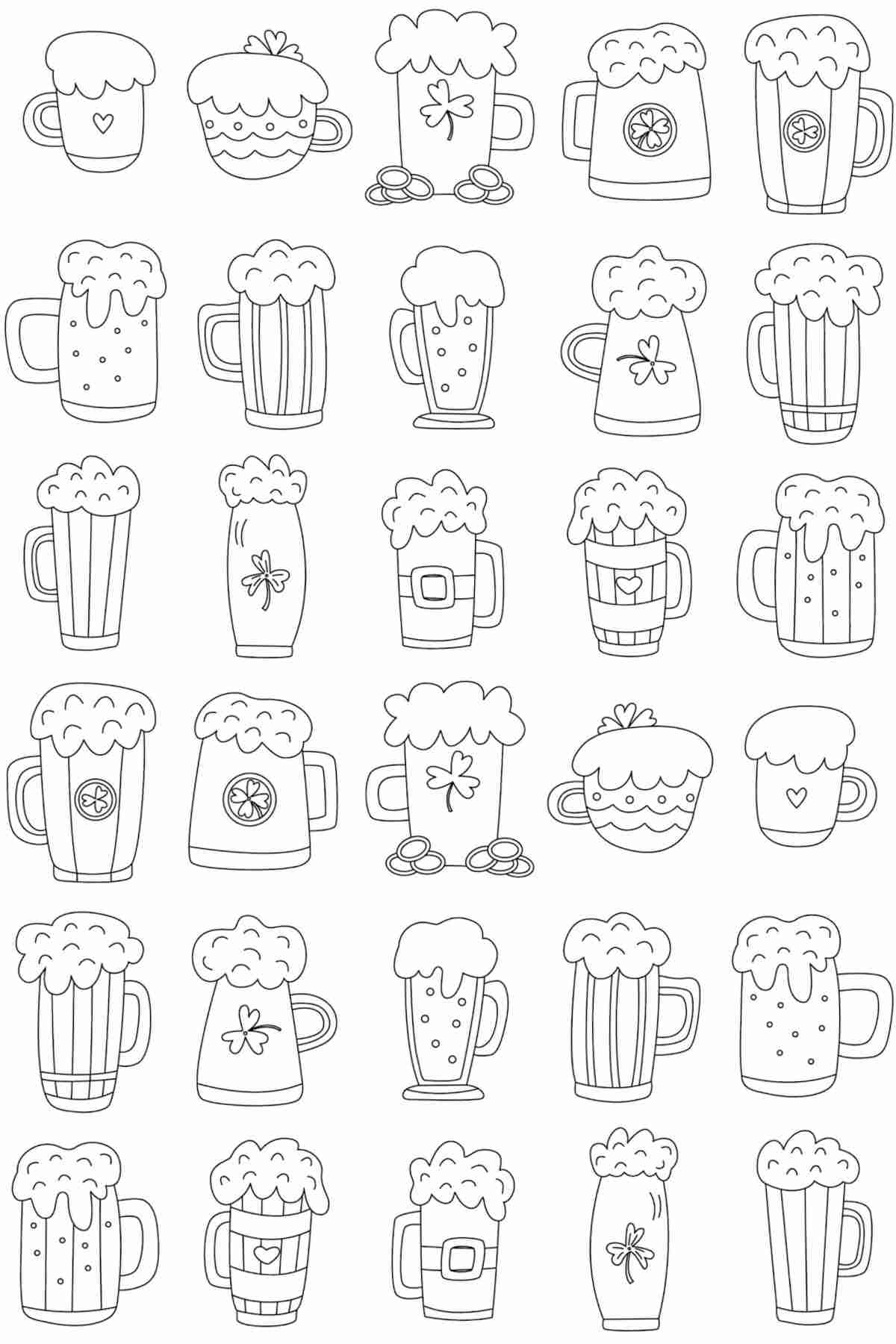 Get 17 Free Happy St. Patrick's Day Coloring Pages A printable St. Patrick's Day coloring pages image featuring 30 different St. Patricks Day drinks, like green beer and root beer floats.
