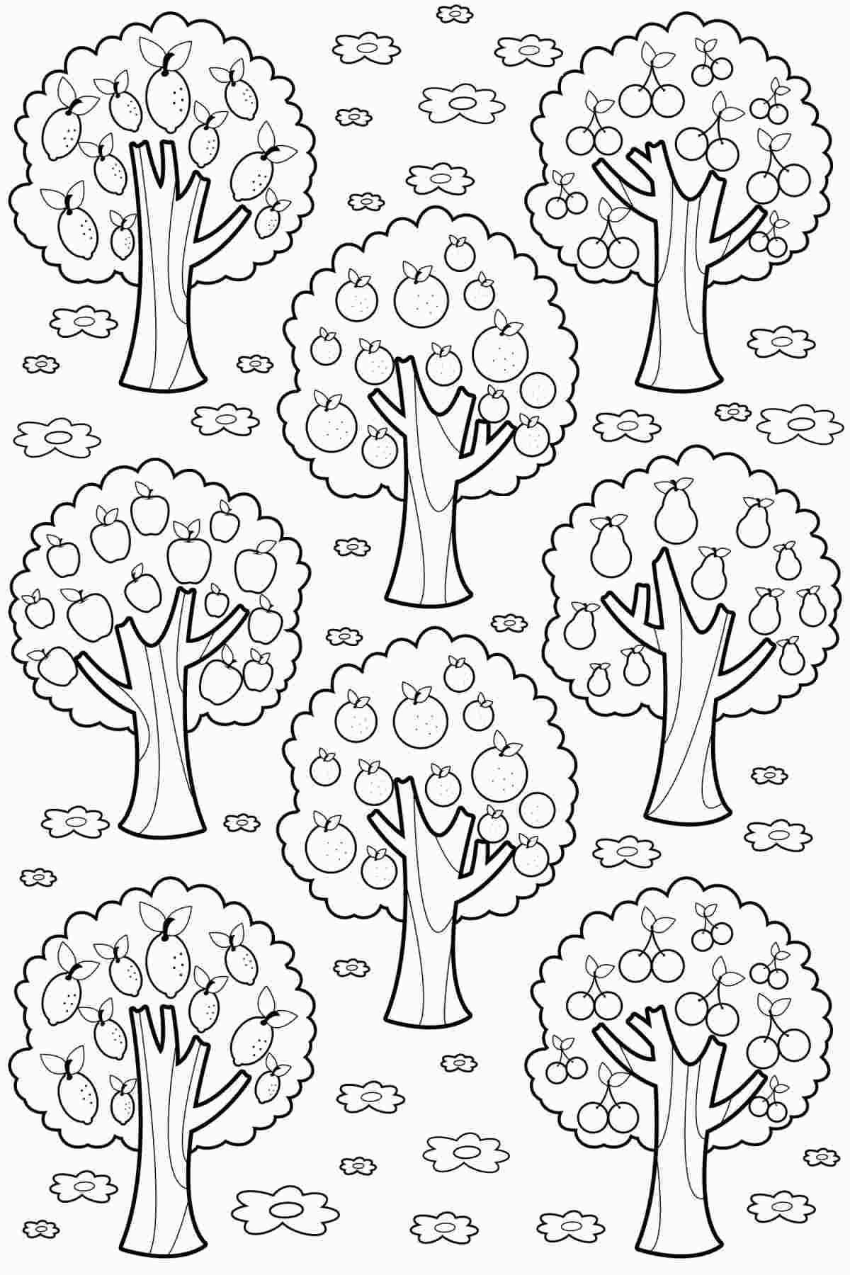 Get Free Tree Coloring Pages for Earth Day A free printable tree coloring pages image with eight fruit trees on it, and flowers on the ground around them.