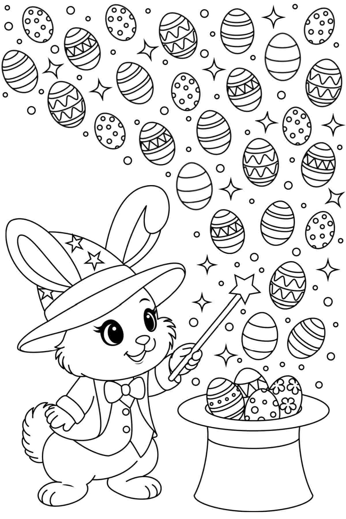 A free Easter bunny coloring pages printable with an Easter bunny wearing a wizard's hat and a vest standing beside a magician's hat, waving a wand over the hat, resulting in Easter eggs and stars coming out of it.