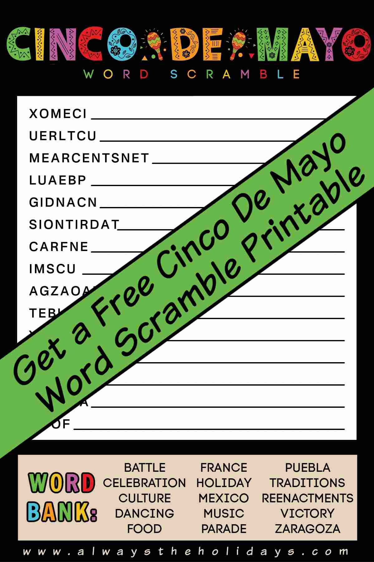 Free Cinco de Mayo Printable Word Scramble A Cinco de Mayo printable with a green bar across it that has text reading get a free Cinco de Mayo word scramble printable.