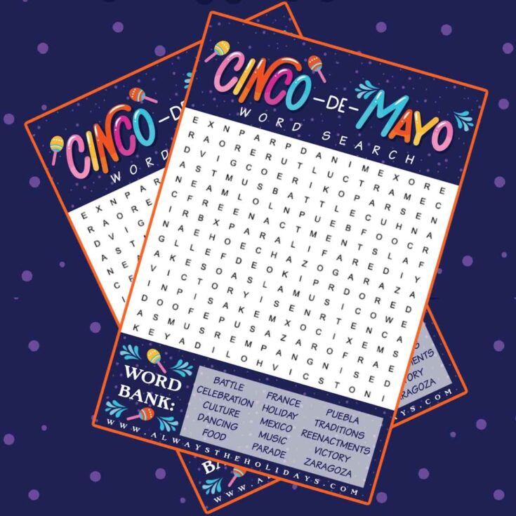 Two Cinco de Mayo word searches fanned out on top of each other against a dark purple background with tiny light purple dots on it.