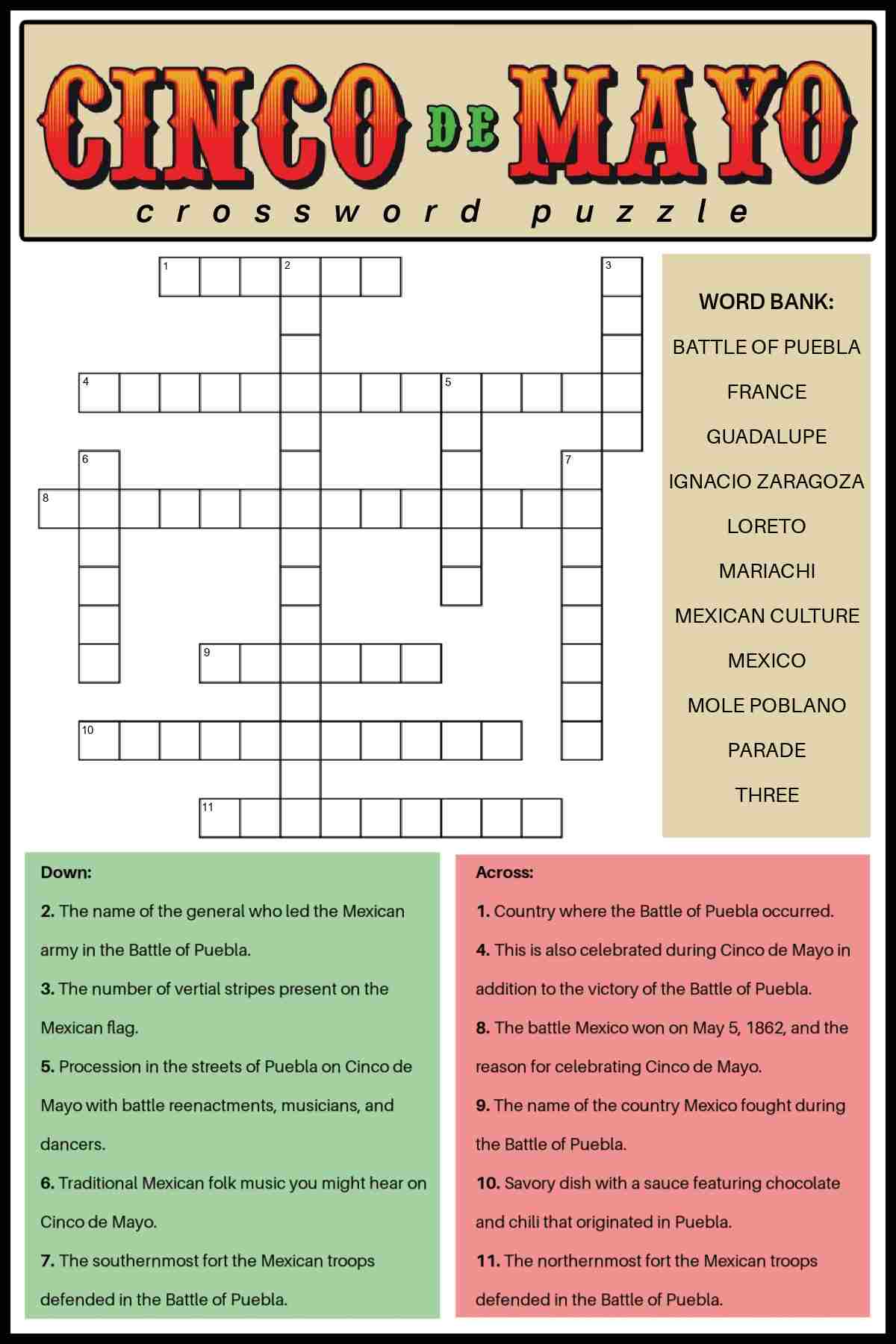 A Cinco de Mayo printable crossword puzzle with clues at the bottom, a word bank on the right, the Cinco de Mayo crossword puzzle to the left, and a text overlay at the top.