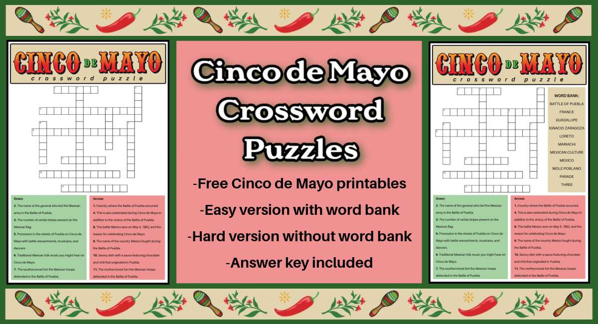 Two Cinco de Mayo crossword puzzles, with a text overlay in the center, and a border of maracas, greenery and chili peppers at the top and bottom.