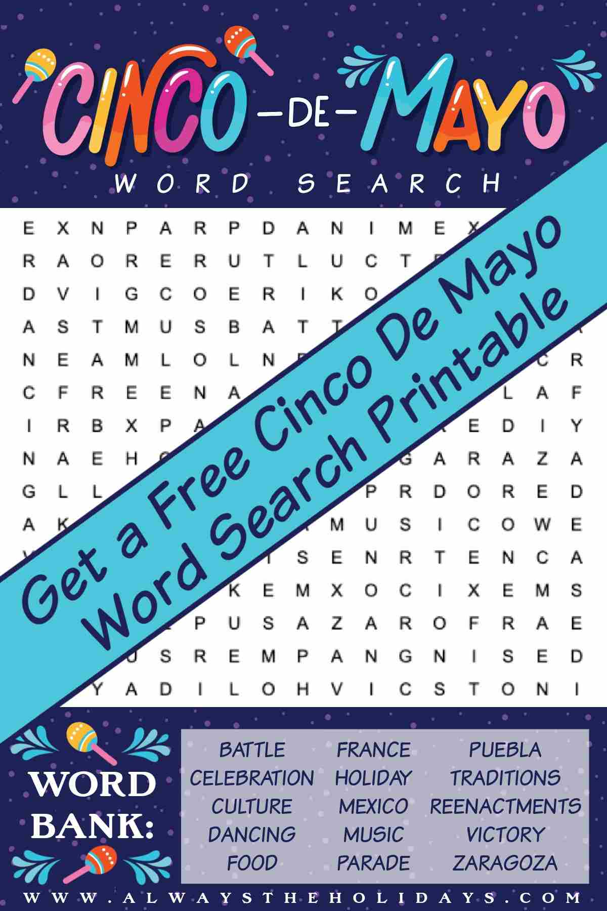 A Cinco de Mayo printable word search with a word bank at the bottom, and a teal bar diagonally across the image with a text overlay that says Get a free Cinco de Mayo word search printable.