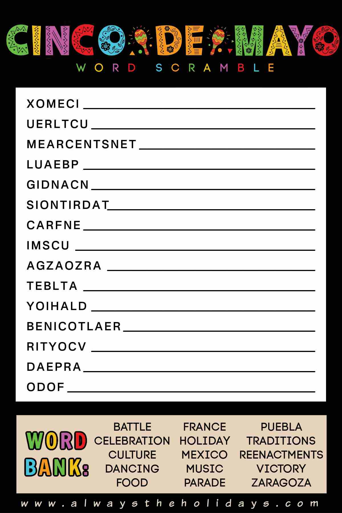 Free Cinco de Mayo word scramble printable with a word bank at the bottom, the free word puzzle in the center, and bubble letters at the top that say Cinco De Mayo in different colors.