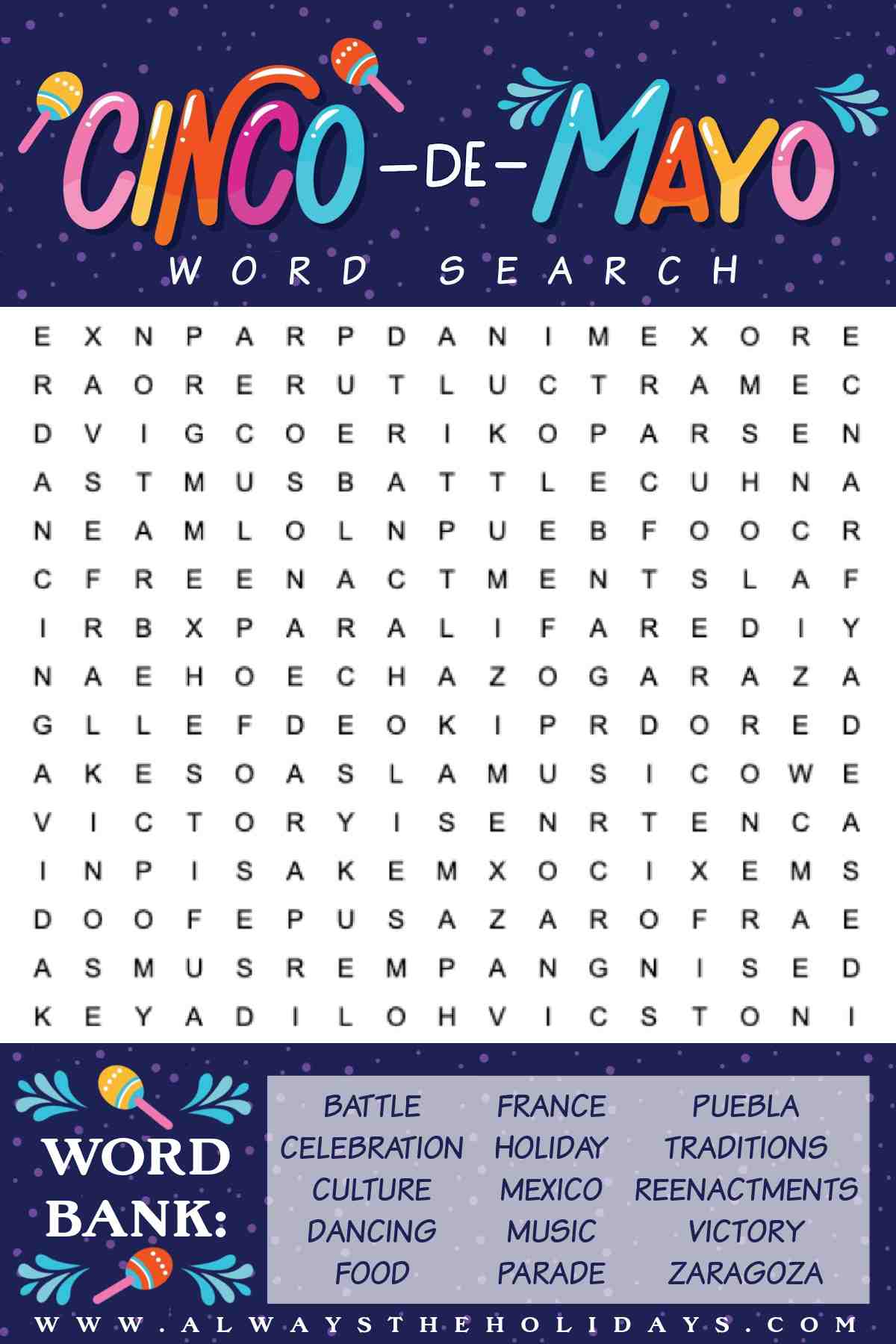 A free Cinco de Mayo word search printable with a word bank at the bottom, the word puzzle in the center and a text overlay that says Cinco De Mayo word search in bubble letters at the top, with maracas around the word Cinco.