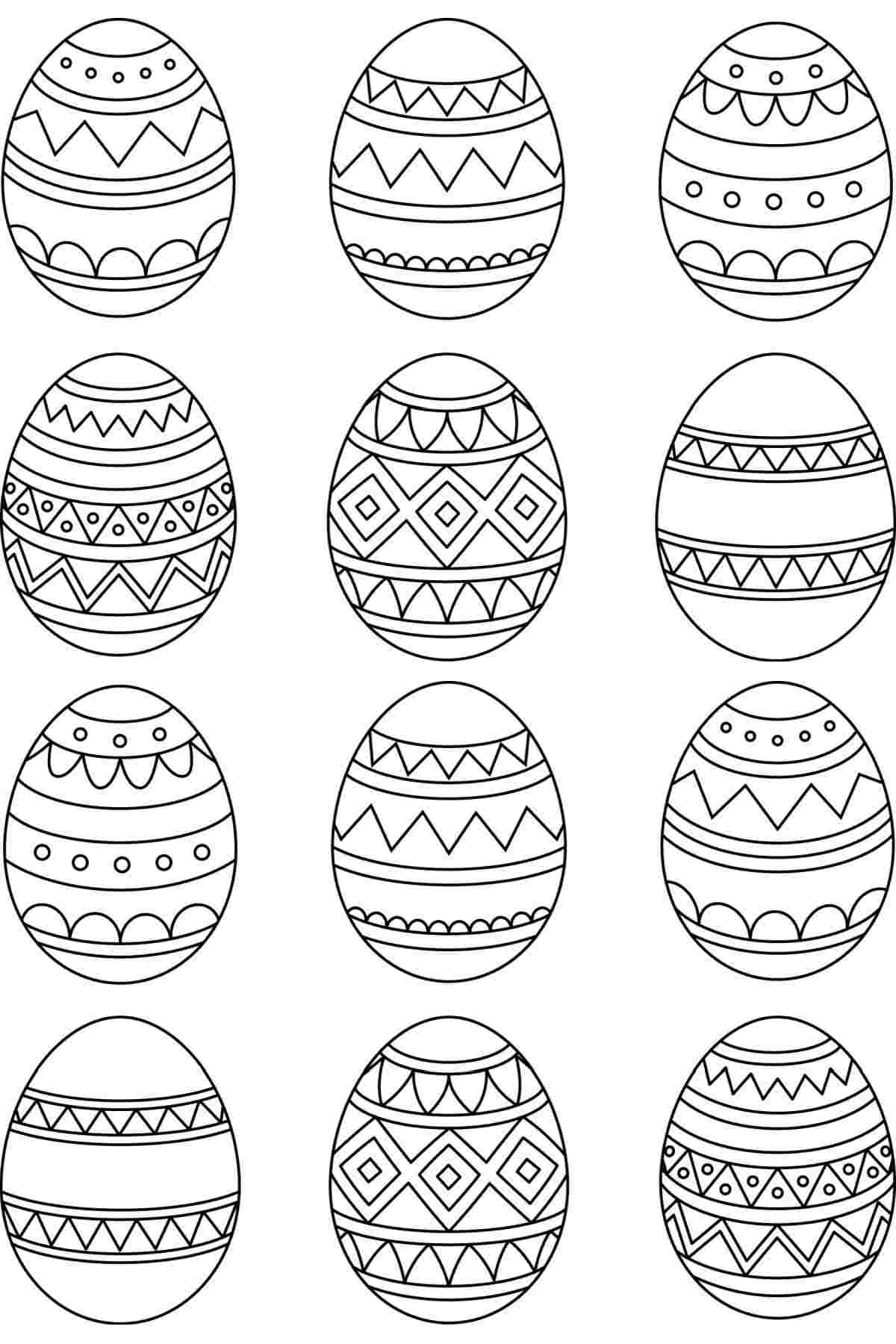 A printable Easter egg coloring sheets image featuring twelve Easter eggs lined up in rows of three with a variety of geometric designs on them.