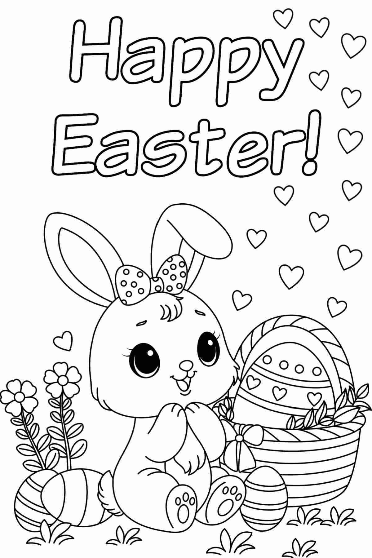 An Easter bunny coloring page printable with a very happy Easter bunny wearing a bow, beside an Easter basket with an egg in it with hearts coming from it, and a text overlay that says Happy Easter.