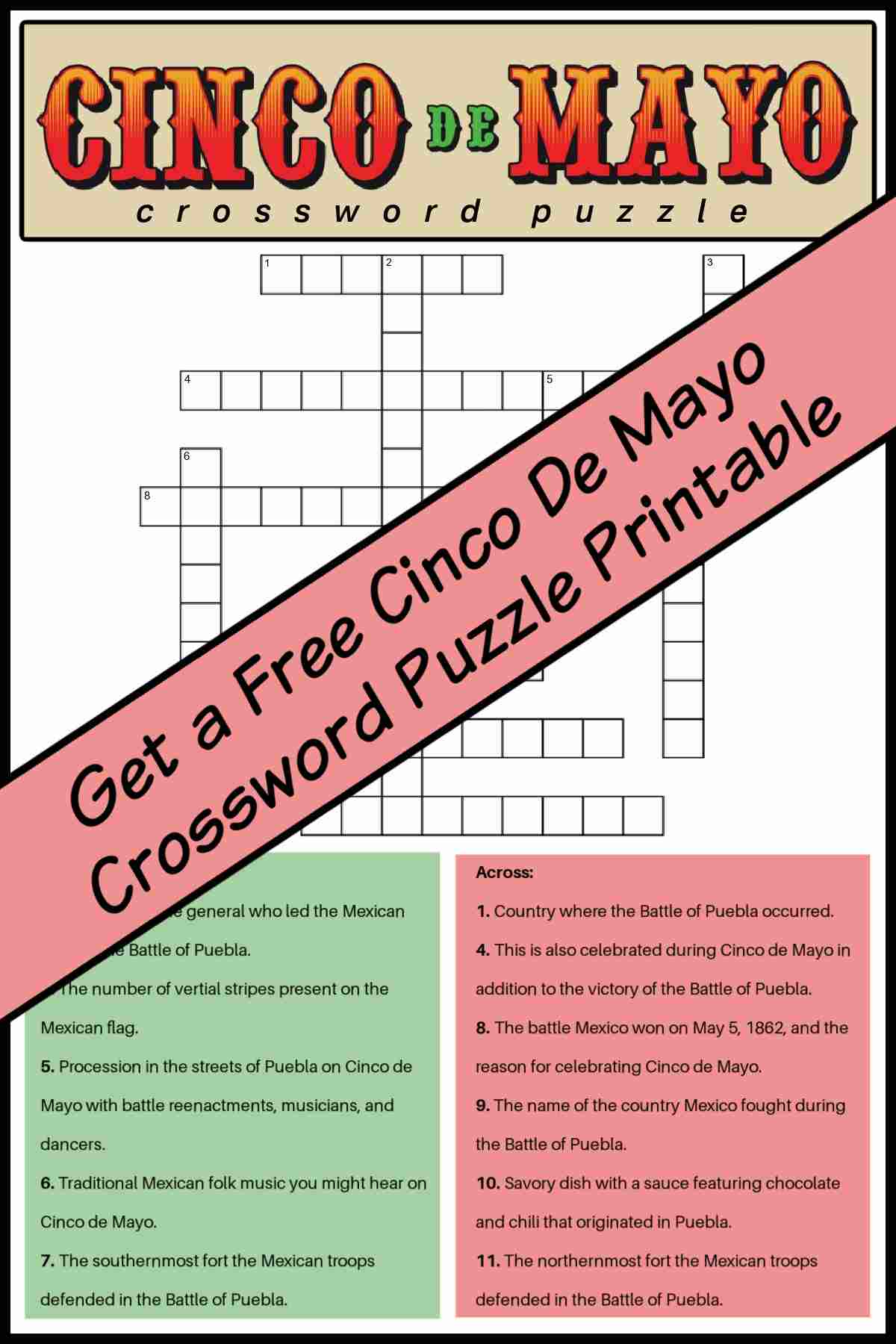 A Cinco de Mayo puzzle with a red banner diagonally across it, and black text on top of the banner that reads Get a free Cinco de Mayo crossword puzzle printable.