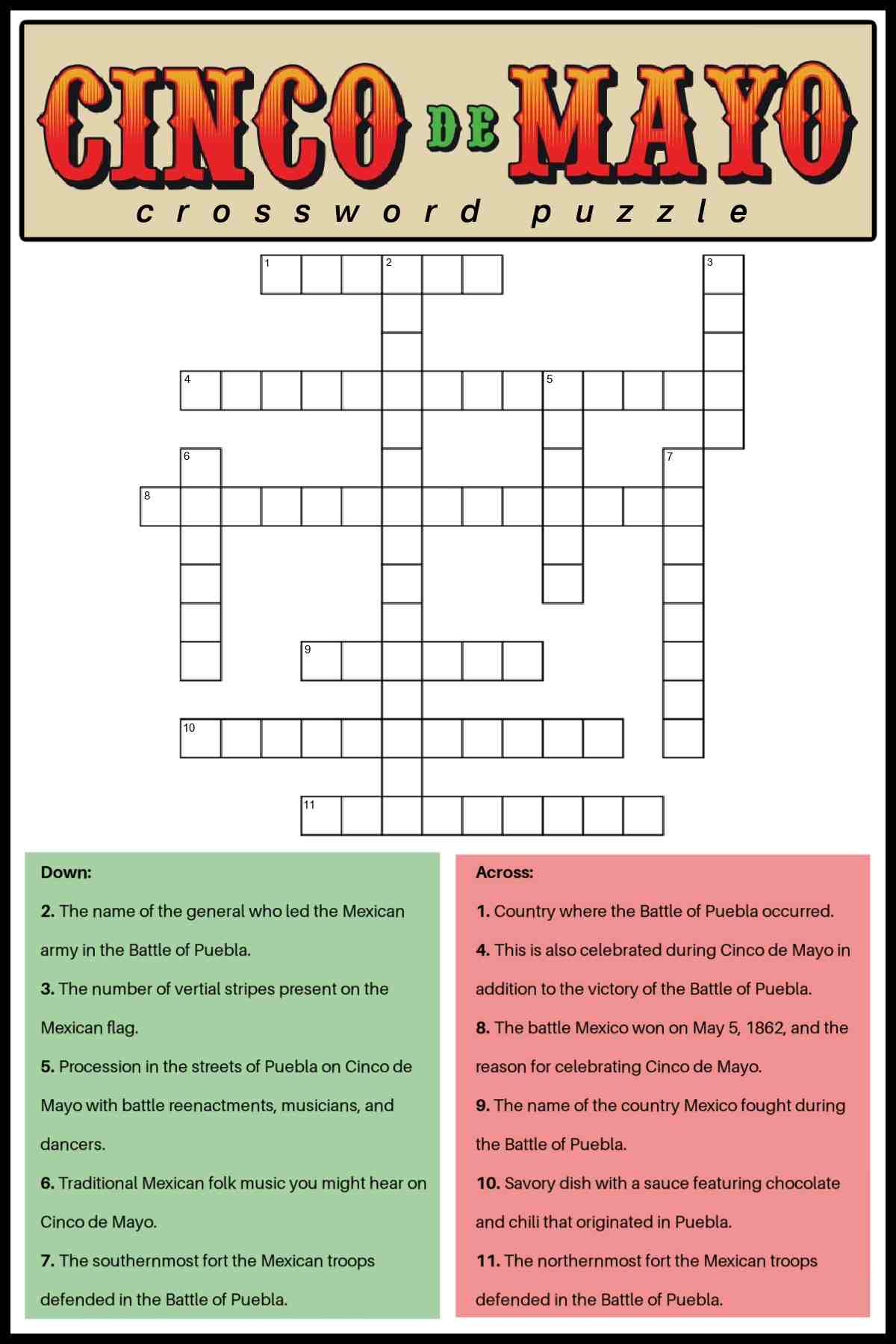 A Cinco de Mayo word puzzle with a text overlay at the top that says Cinco de Mayo crossword puzzle, the actual puzzle in the center, and the clues at the bottom.
