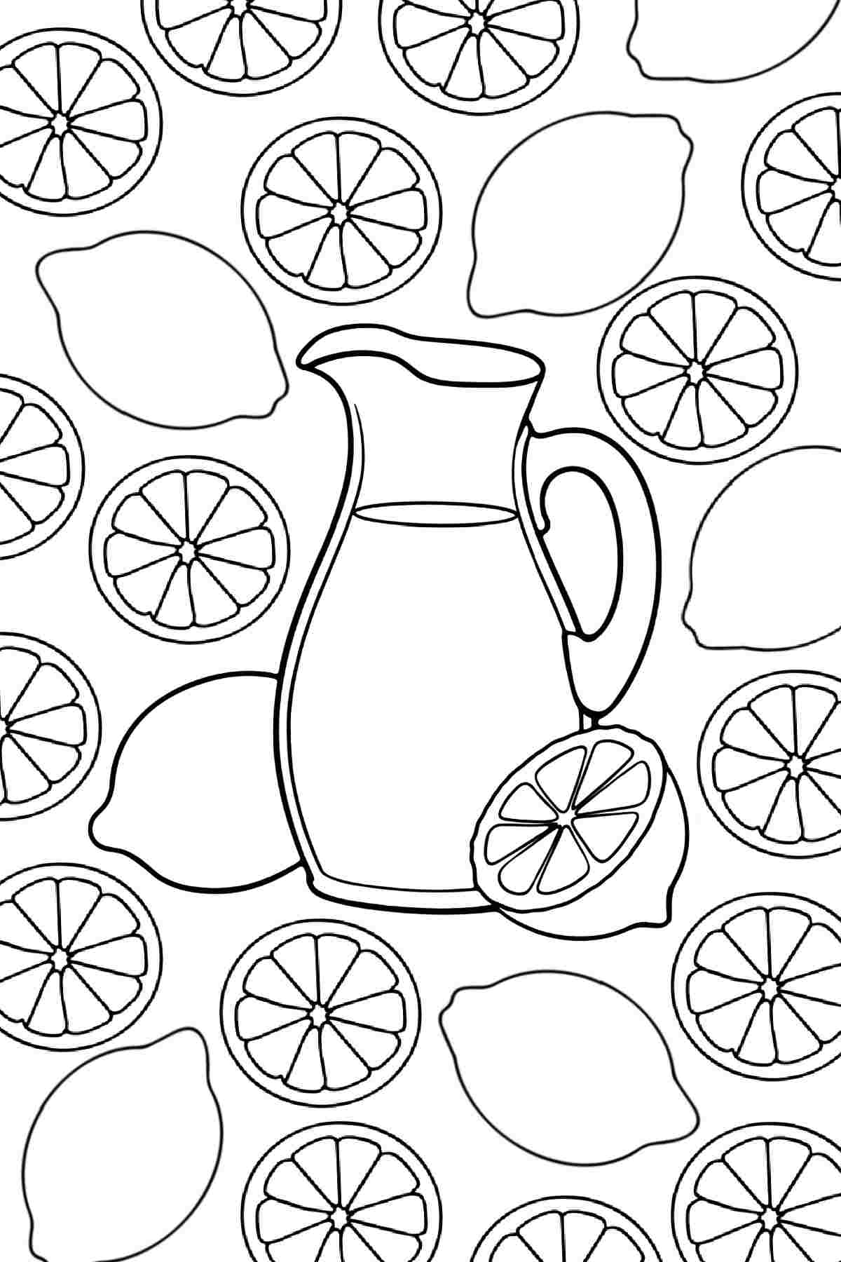 Free Lemonade Coloring Pages for Summer A lemonade coloring pages printable featuring a pitcher of lemonade in the center, with cut lemons, whole lemons and lemon slices around it.