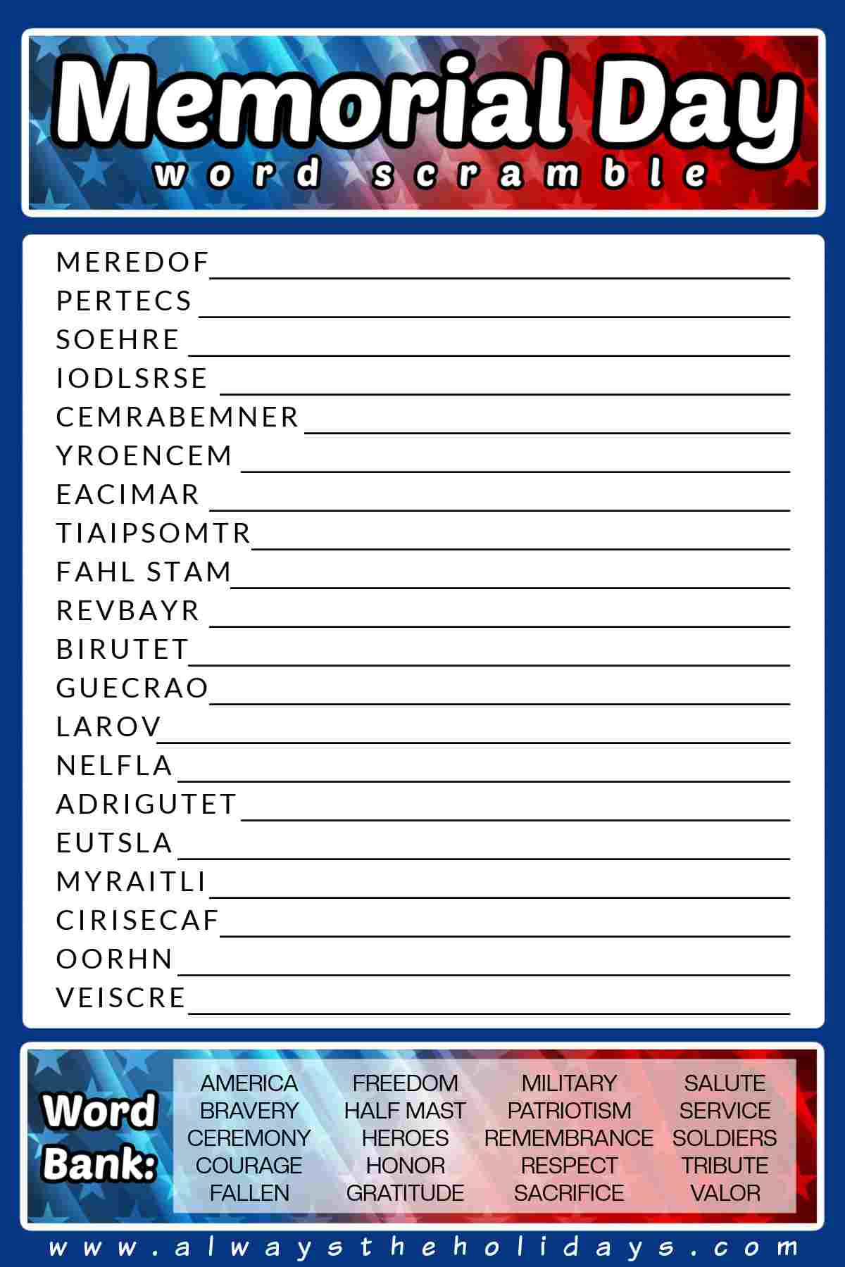 A Memorial Day printable with the words Memorial Day word scramble in white lettering at the top, the scramble puzzle in the center, and a word bank at the bottom.