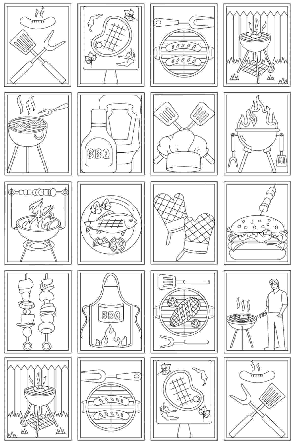 Free Barbecue Coloring Pages Printable A free BBQ coloring pages printable with 20 small vignettes, each one featuring a different barbecue scene.