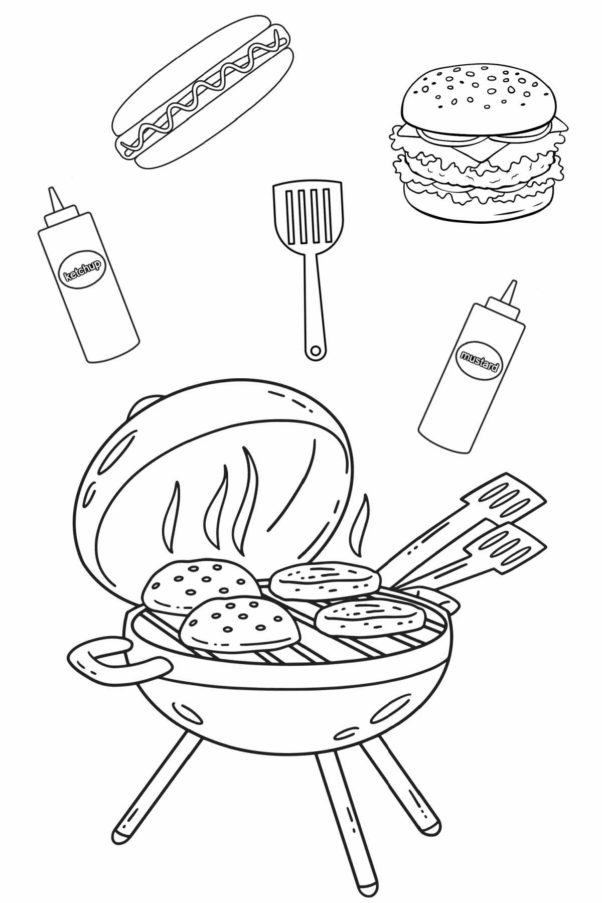 Get a Free BBQ Coloring Pages Printable A BBQ coloring pages printable for summer, with a grill at the bottom, and a spatula, hamburger, hot dog, and two condiment squeeze bottles above the grill.