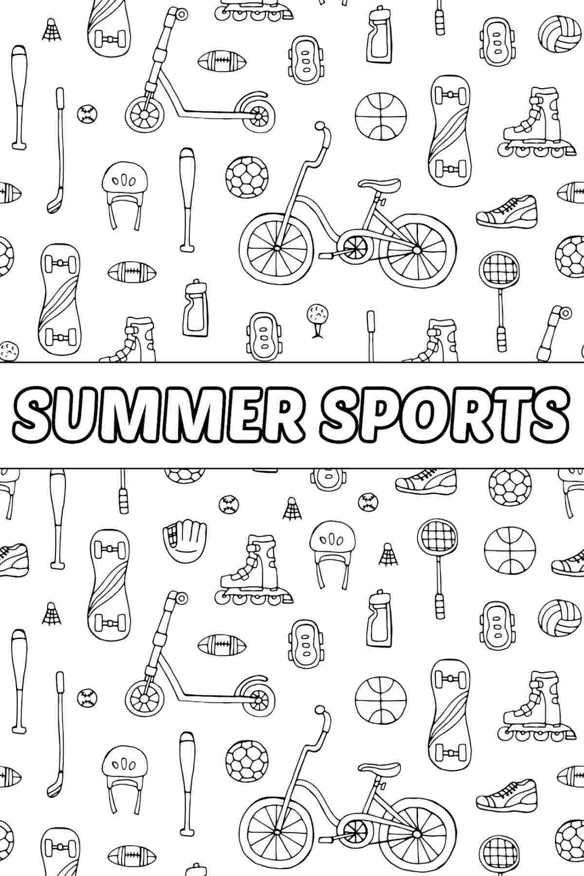 Get Printable Summer Coloring Sheets, Free! A free coloring pages for summer, with the words summer sports in the center in bubble letters, surrounded by small images of various summer sports like basketball, bike riding, skateboarding, scootering, roller skating, baseball and more.