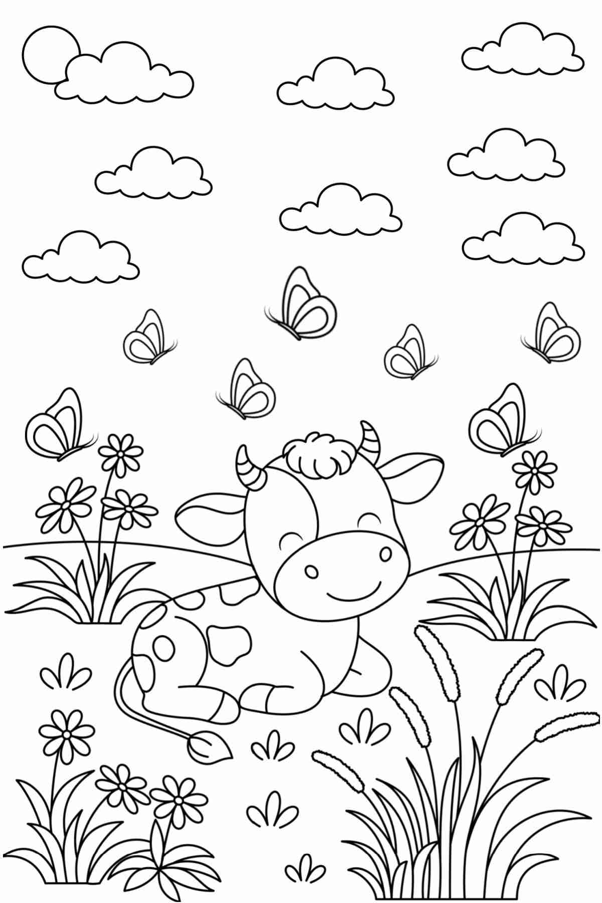 Get 20+ Free Summer Coloring Sheets A free coloring sheets for summer featuring a happy cow laying in a field with butterflies and clouds above it.
