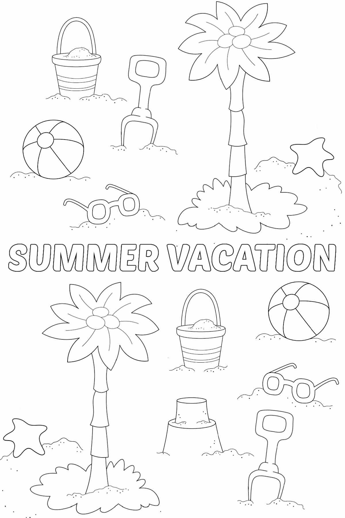 Get Free Printable Beach Coloring Sheets A free beach coloring sheets printable with the words summer vacation in the center, and various beach items around the text, like sunglasses, a beach ball, shells, a pail and a sandcastle.