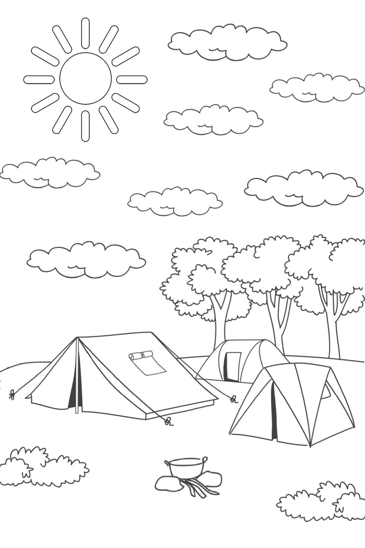Free Printable Camping Coloring Sheets A free camping coloring pages printable, with three tents in the center, trees behind them, bushes and a campfire in front of them and clouds and the sun in the sky above them.