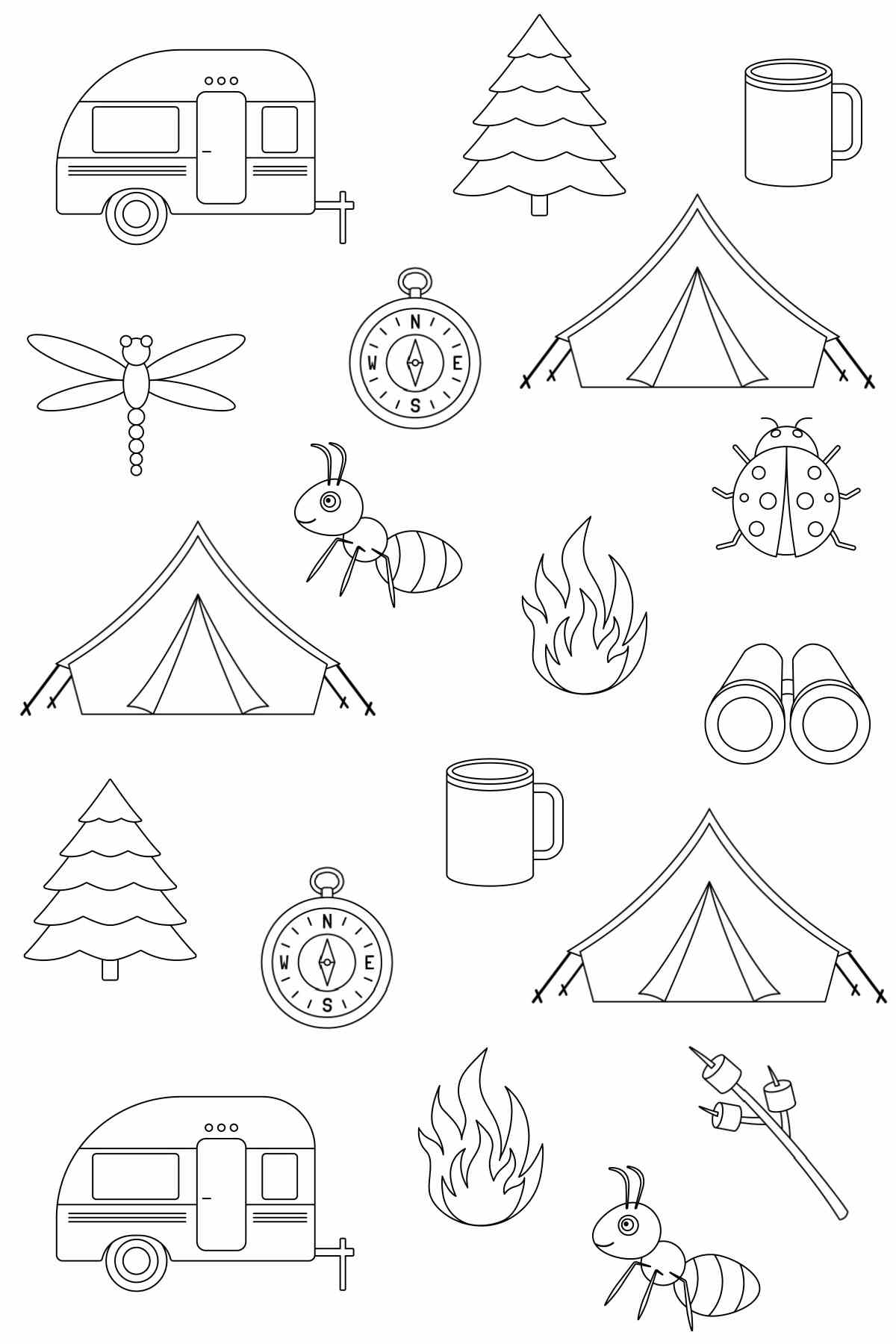 Free Camping Coloring Pages Printables A free camping coloring sheets printable with various camping graphics like tents, campers, compasses, fires, bugs, binoculars, marshmallows, and tin cups.