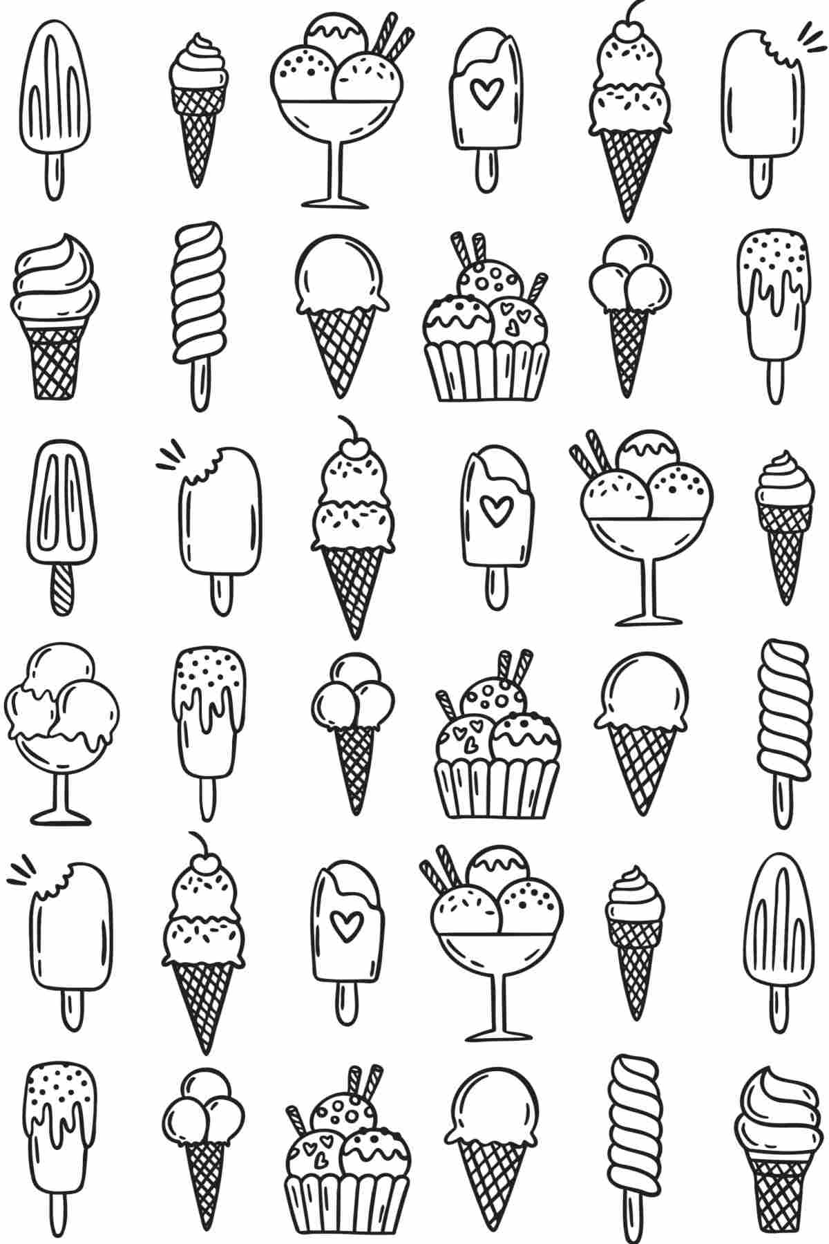 Get Printable Ice Cream Coloring Sheets A free ice cream coloring pages printable with 36 different ice creams on it, some are in cones, some are on popsicle sticks, and some are in bowls.
