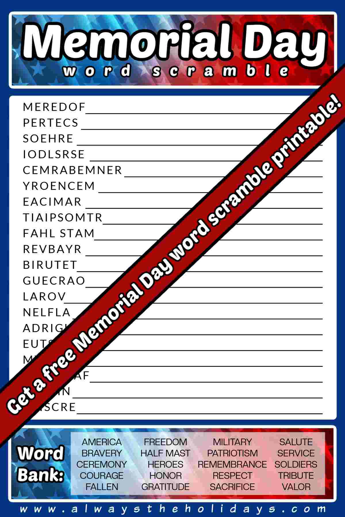 Get a Free Memorial Day Word Scramble A free Memorial Day printable, with a blue banner diagonally across it that says get a free Memorial Day word scramble printable.