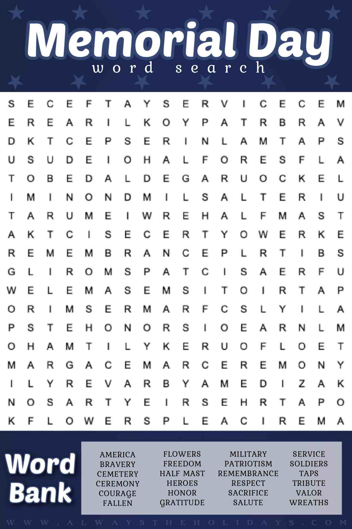 A free Memorial Day printable, with the word find in the center, a word bank at the bottom and the words Memorial Day word search at the top in white lettering.