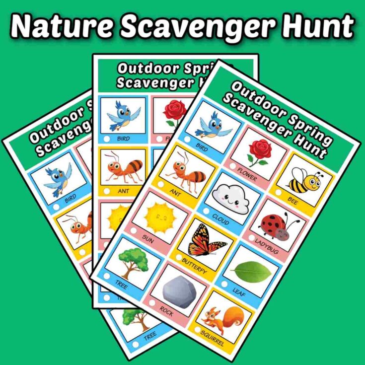 Three free spring printables fanned out under a text overlay that says nature scavenger hunt in white bubble letters, against a green background.