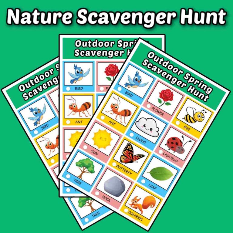 Three free spring printables fanned out under a text overlay that says nature scavenger hunt in white bubble letters, against a green background.