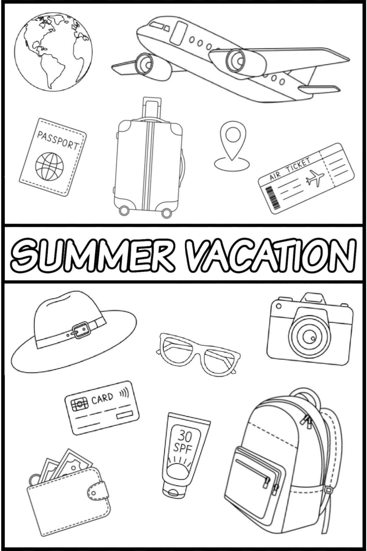 Get 20+ Free Printable Summer Coloring Pages A free summer coloring pages printable with the words summer vacation in the center, with various vacation items like a backpack, camera, plane, plane ticket, globe, suitcase, passport and more.