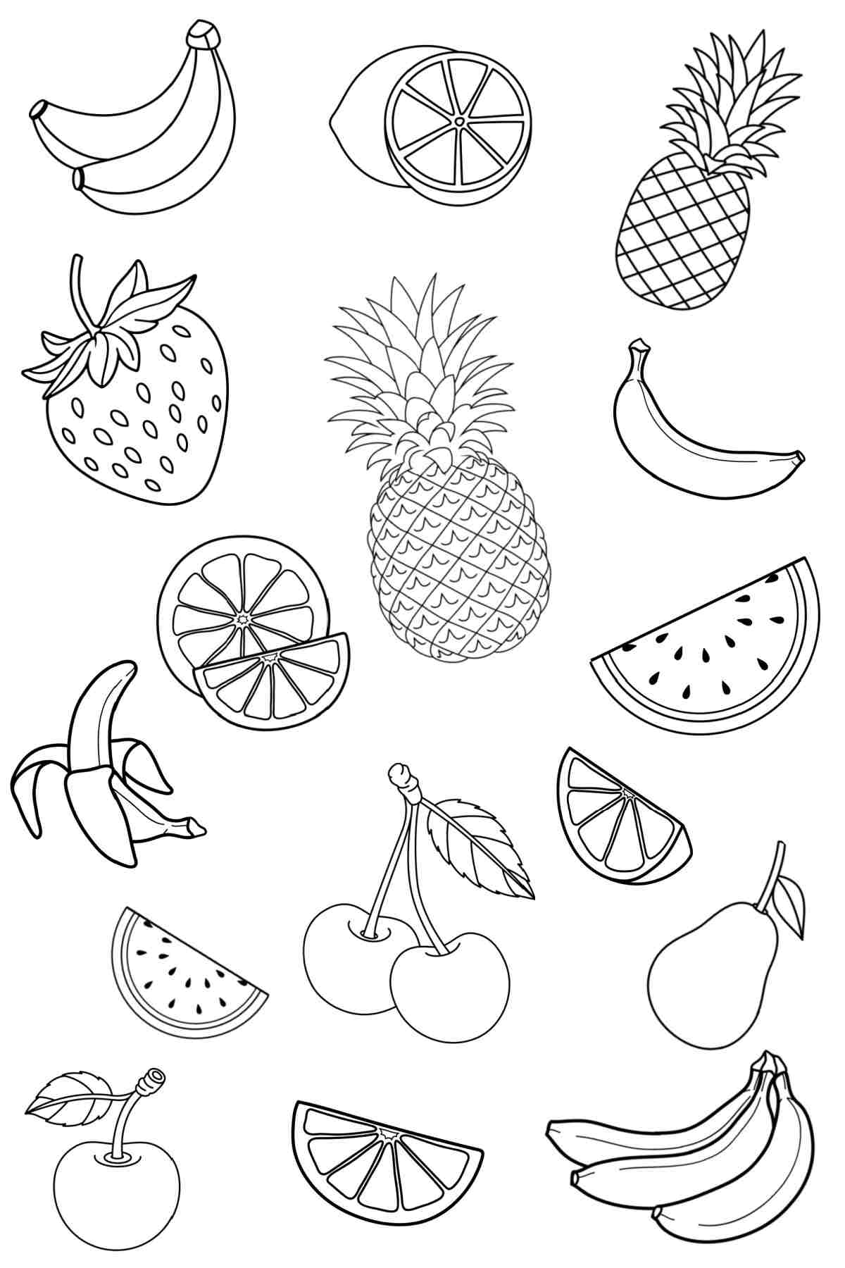 Get 20+ Printable Summer Coloring Pages, Free! A free summer coloring sheets printable with summer fruit on it, including bananas, strawberries, watermelon, cherries, pineapple, oranges and other citrus fruit.