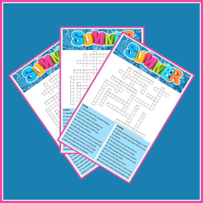 Three free summer crossword puzzles fanned out across a blue background.