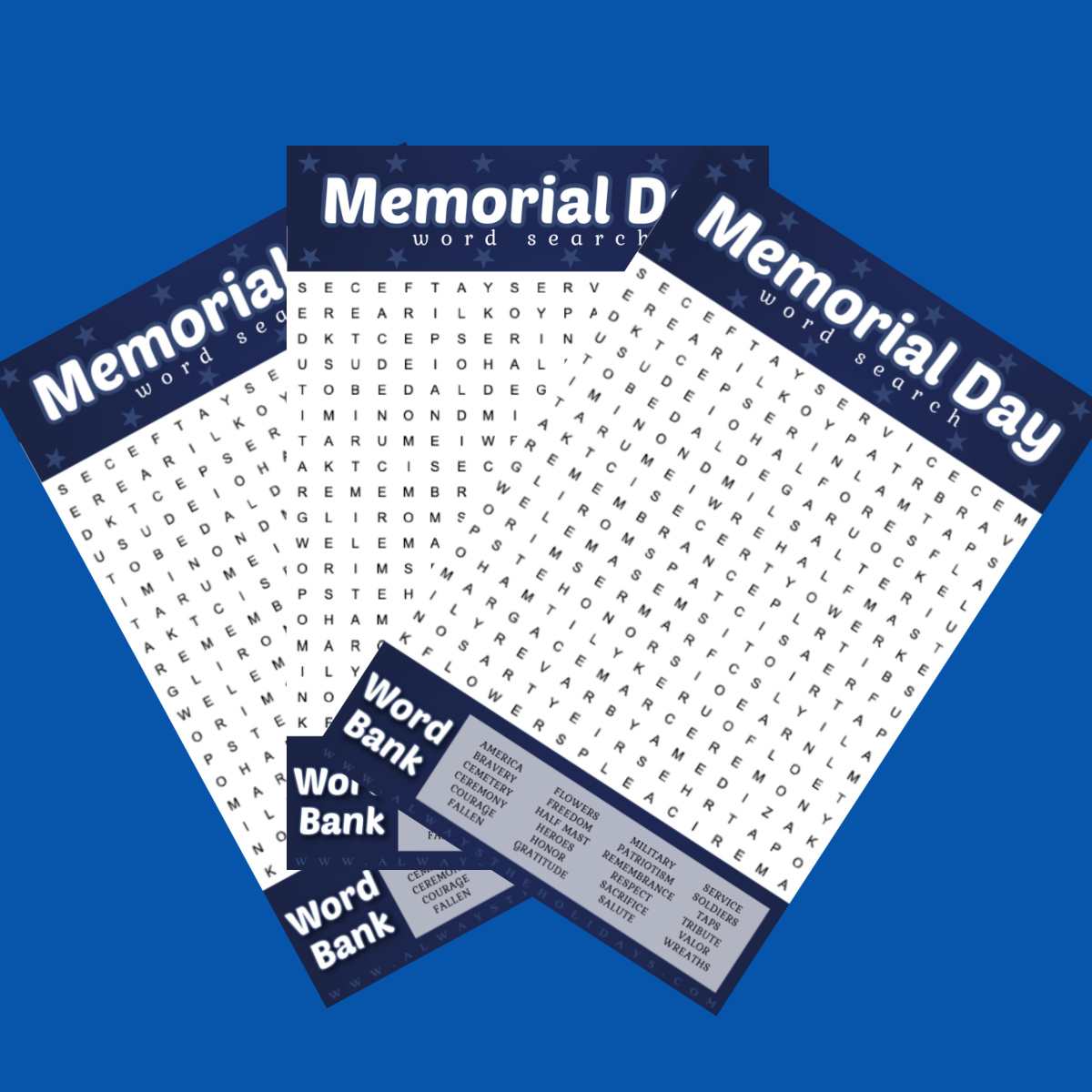 Memorial Day word searches Three free Memorial Day word search printables fanned out across a blue background.