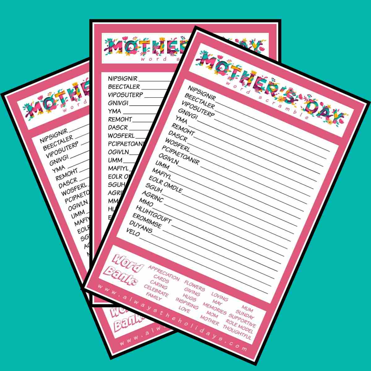 Mother's Day word scrambles Three free Mother's Day word scrambles fanned out across a mint green background.